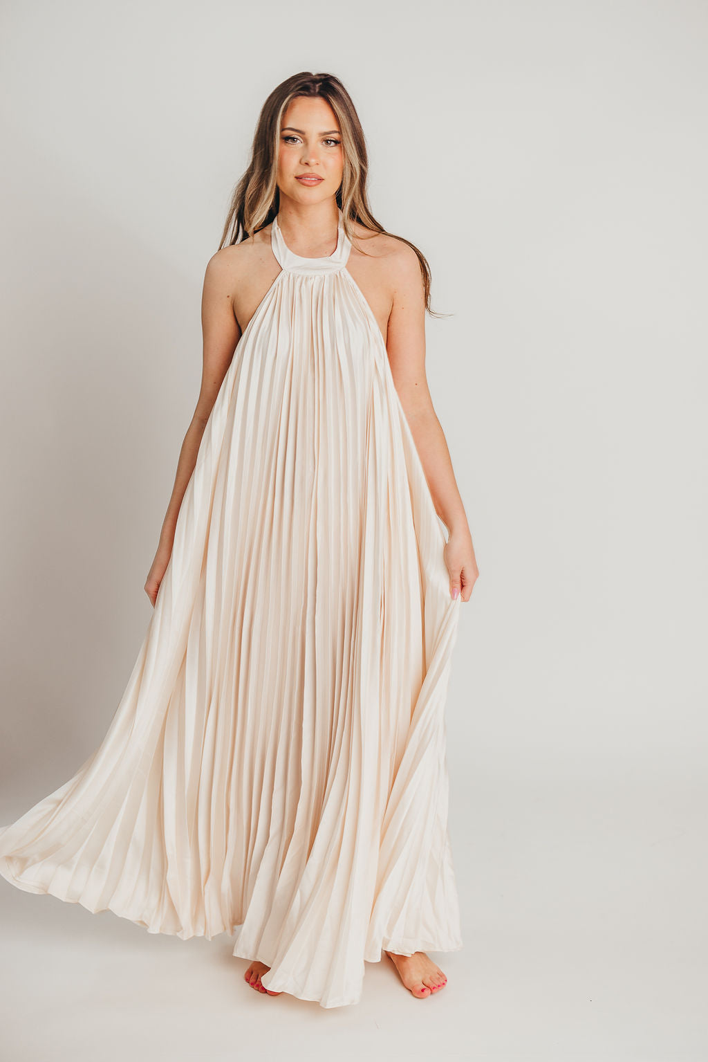 Maren Pleated Halter Maxi Dress in Cream | Bump Friendly Maternity Dress | Perfect for Baby Showers, Beach Vacations & Summer Weddings