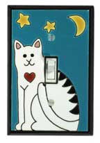 Folk Art Cat Single Switch Plate Cover - Hand-Painted Ceramic Wall Plate for Light Switches - Perfect for Home Decor, Kitchen, Bedroom, and Living Room