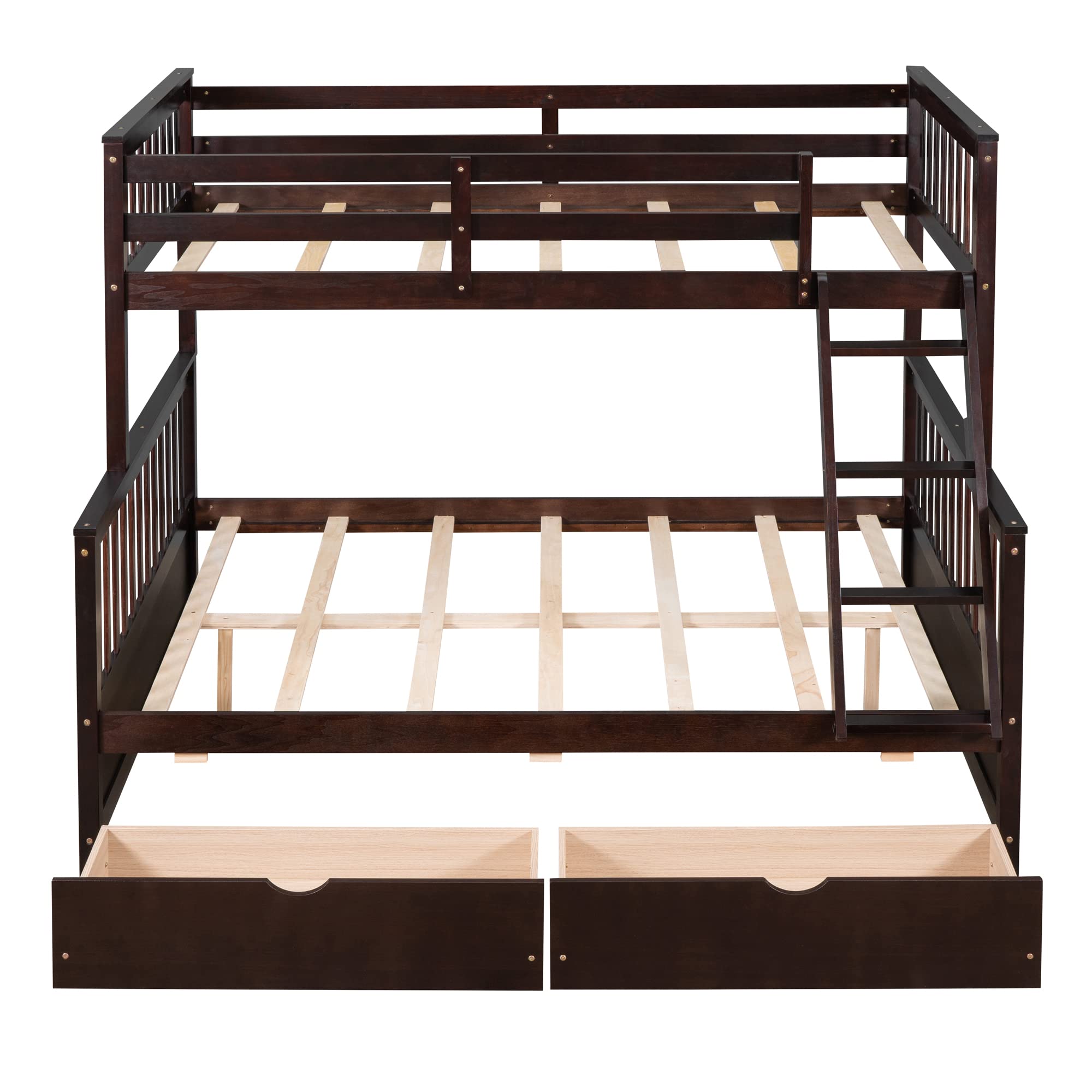 P PURLOVE Twin Over Full Bunk Bed with 2 Storage Drawers - Sturdy Wood Bunk Bed Frame with Ladders, No Box Spring Required, Espresso Finish - Perfect for Kids' Bedroom, Guest Room & Space-Saving Solutions