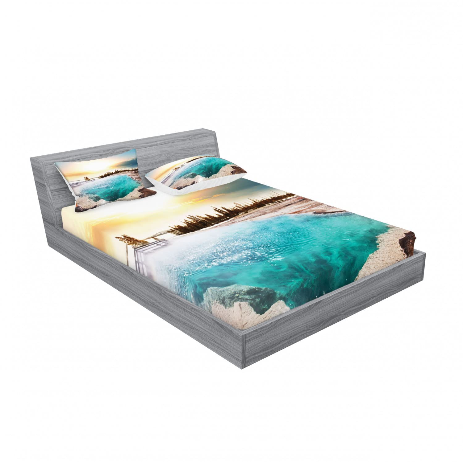 Ambesonne Yellowstone National Park 2-Piece Queen Fitted Sheet Set with 4 Pillow Shams - Earth Tone Turquoise Bedding Decor for Cozy Bedroom & Guest Room