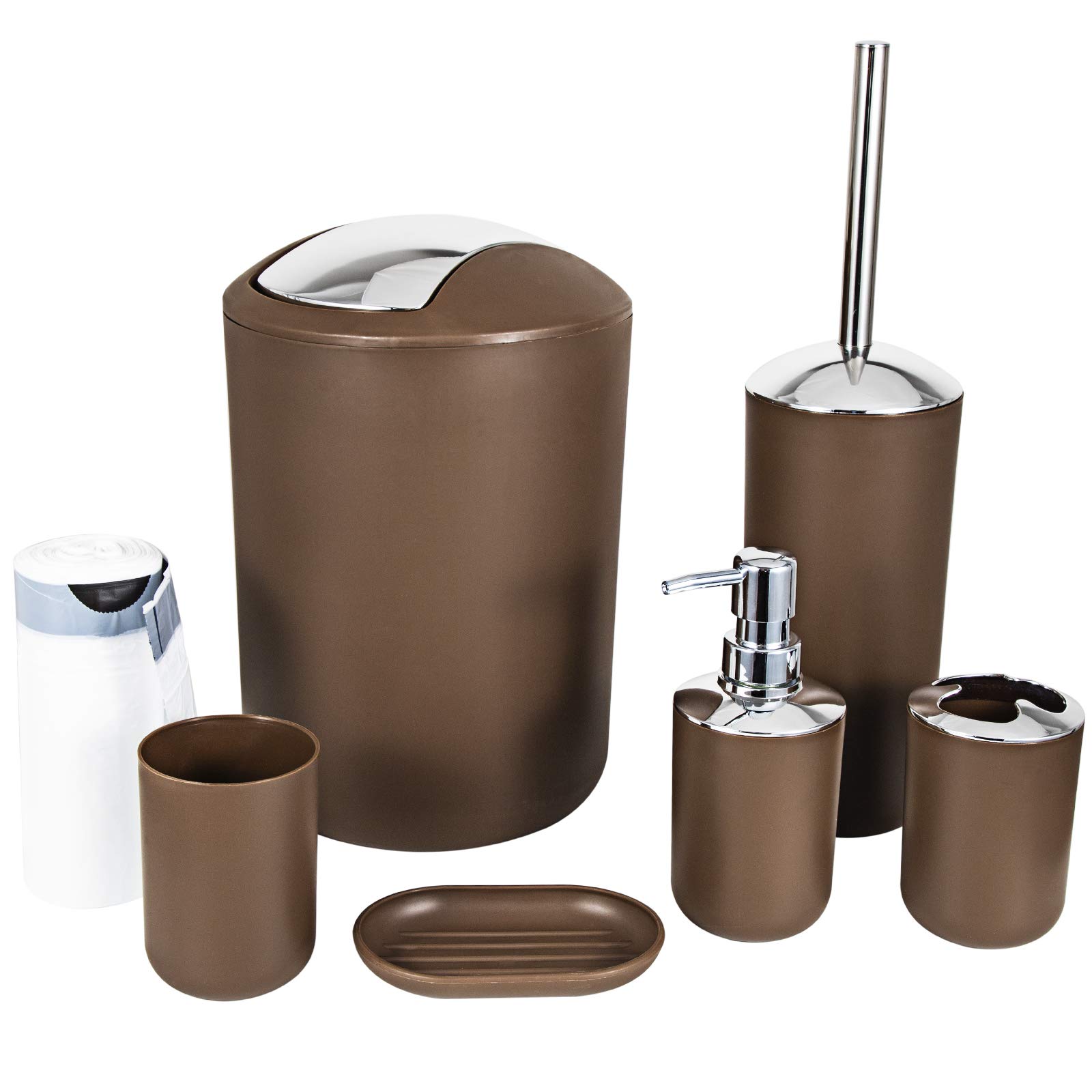 6-Piece Bathroom Accessories Set - Plastic Soap Dispenser, Toothbrush Holder, Tumblers, Soap Dish, Trash Can & Toilet Brush with Drawstring Bags (Brown) | Modern Bathroom Organization for Home, Apartment, Dorm & Guest Bath Decor