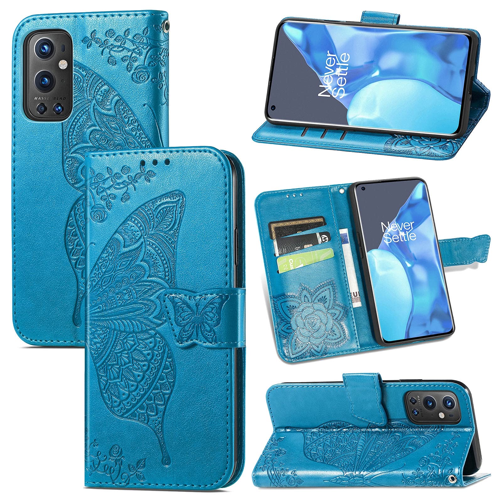 OnePlus 9 Pro Phone Case - Butterfly Flower Embossed Leather Flip Cover with Card Holder, Wallet & Lanyard - Horizontal Stand Feature for Hands-Free Viewing - Perfect for Work, Travel & Daily Protection