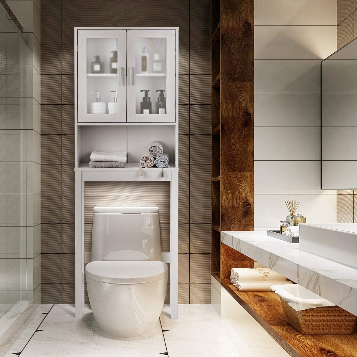 WATERJOY Over The Toilet Storage Cabinet - White Bathroom Organizer with 2 Tempered Glass Doors | Space-Saving Toilet Shelf for Bath Towels, Toiletries & Cleaning Supplies | Perfect for Small Bathrooms & Apartment Living