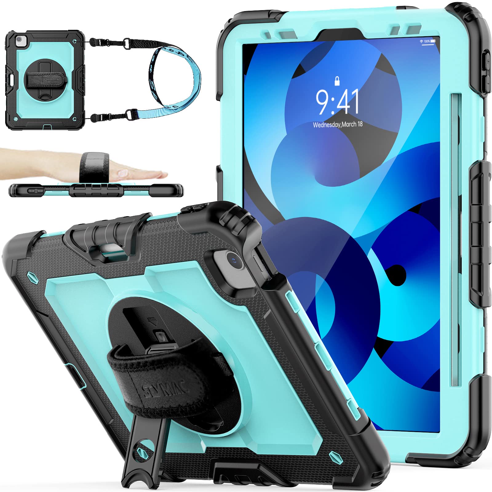 SEYMAC 360° Rotating Protective Case with Screen Protector & Pen Holder for iPad Air 5th/4th Gen 10.9