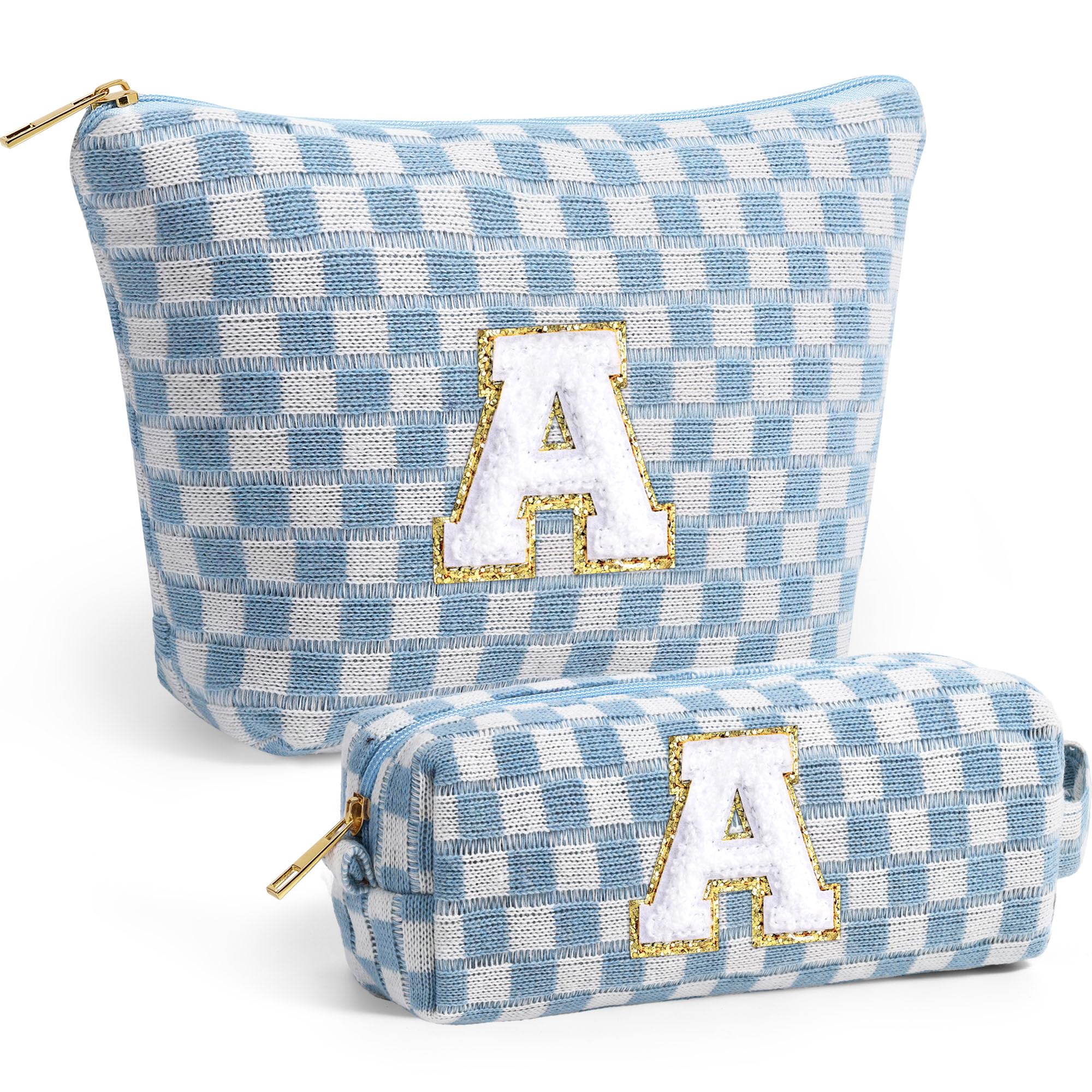 YOOLIFE Personalized Makeup Bag Set for Women - 2Pcs Monogram Cosmetic Travel Bags, Ideal Mothers Day Gifts, Birthday Gifts, Graduation Gifts, Bridesmaid Gifts - Perfect for Travel, Gym, Work & Daily Use (Blue)