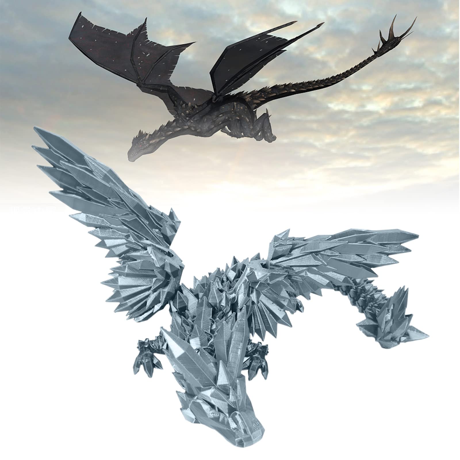 3D Printed Dragon Action Figure - Flying Diamond Dragon with Movable Joints & Wings, 17.7 Inch Collectible Monster Toy for Adults & Collectors (Grey Rainy God) - Perfect for Stress Relief, Home Decor & Fantasy Collections