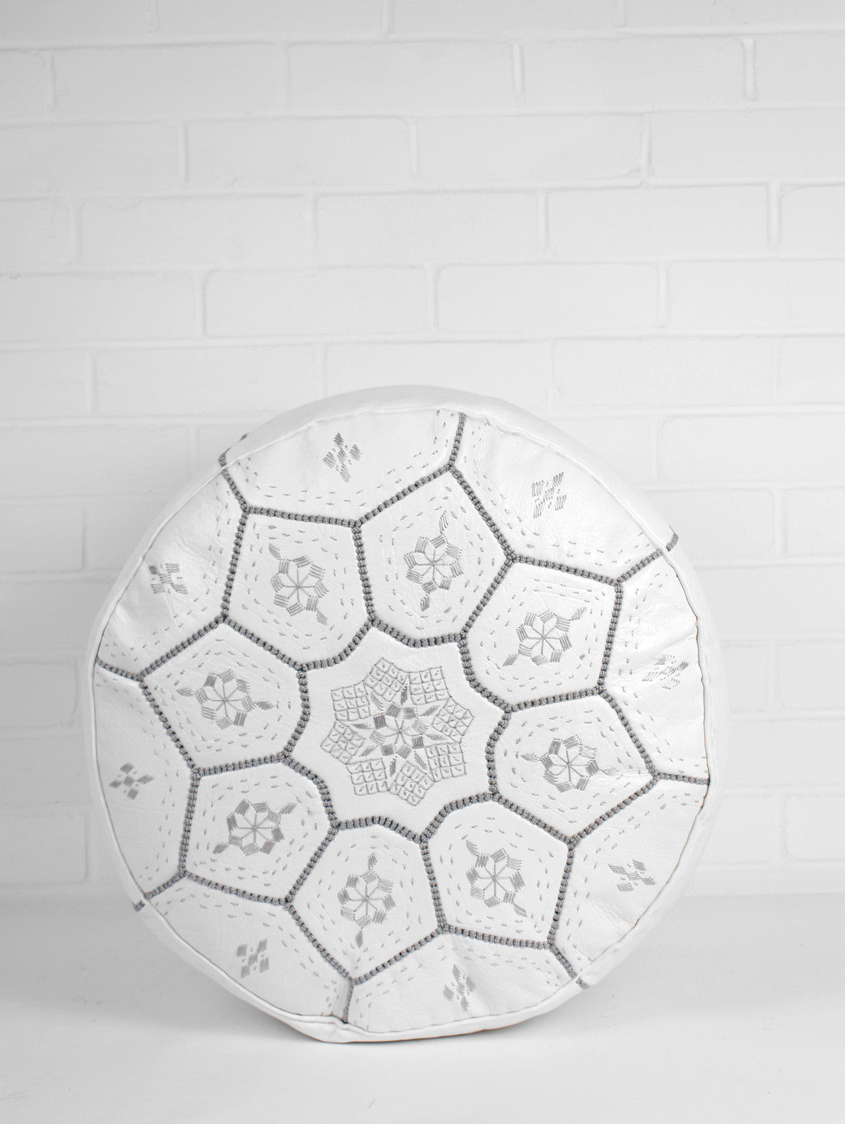 Handmade Moroccan Leather Tile Pouffe Ottoman - White & Grey Boho Chic Footstool for Living Room, Bedroom & Lounge Decor