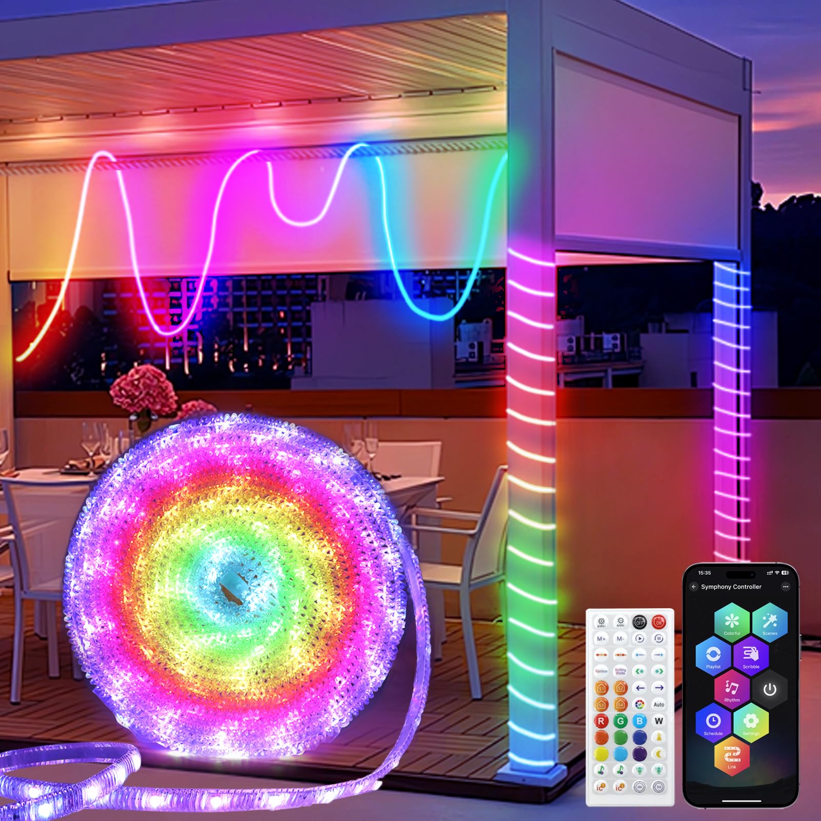 Smart Outdoor Rope Lights 33Ft - 16 Million Color Changing Waterproof LED Strip Lights with App & Remote Control, Flexible PVC Covered Neon Lights for Party, Gaming Room, Backyard, Patio, Wedding and Holiday Decor