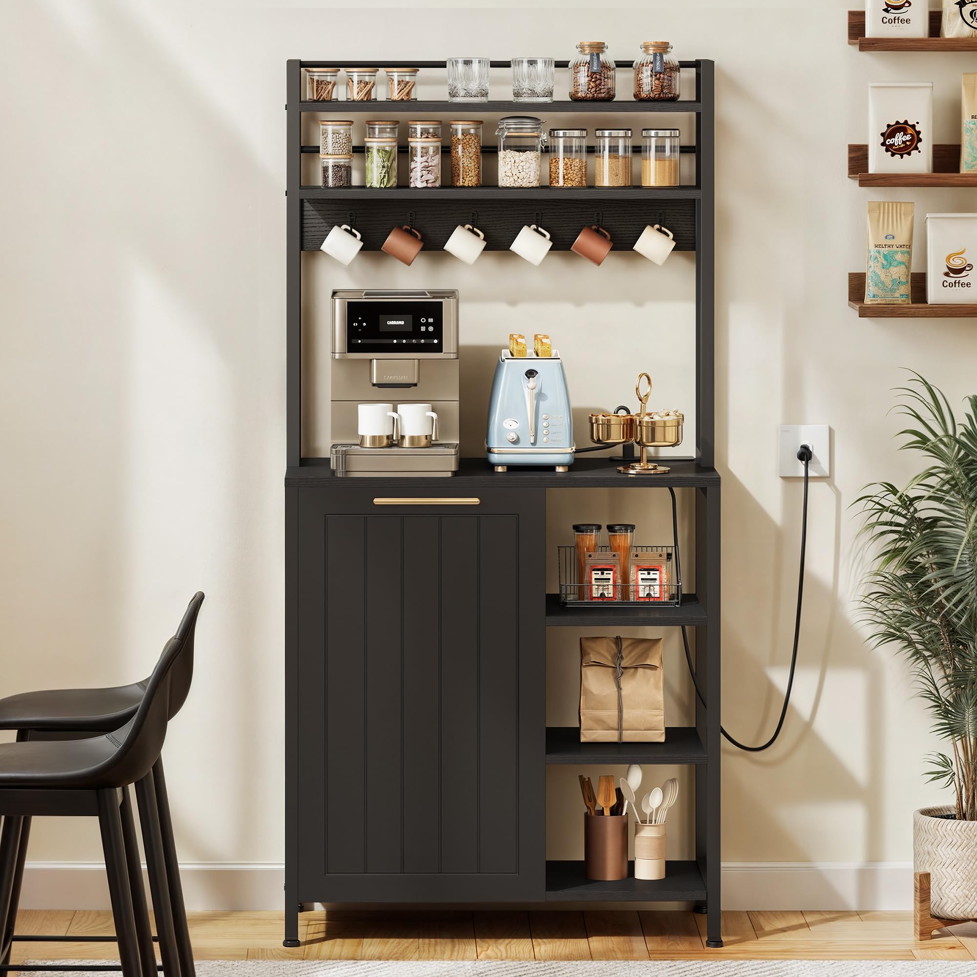 YITAHOME 6-Tier Bakers Rack with Storage, Microwave Stand with Trash Bin Cabinet & Power Outlet - Large Coffee Station for Kitchen, Dining Room & Living Room - Perfect for Small Spaces & Home Organization (Black)
