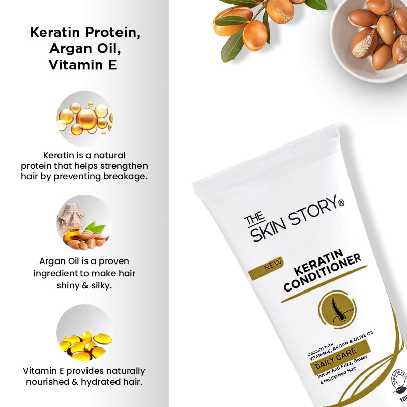The Skin Story Keratin Hair Conditioner - Sulfate & Paraben Free, Enriched with Vitamin E, Argan Oil & Olive Oil for Smooth, Frizz-Free Hair | Repairs Split Ends & Damaged Hair | Shine Boosting Formula for Women & Men | 100g | Perfect for Daily Hair Care & Salon-Quality Results at Home