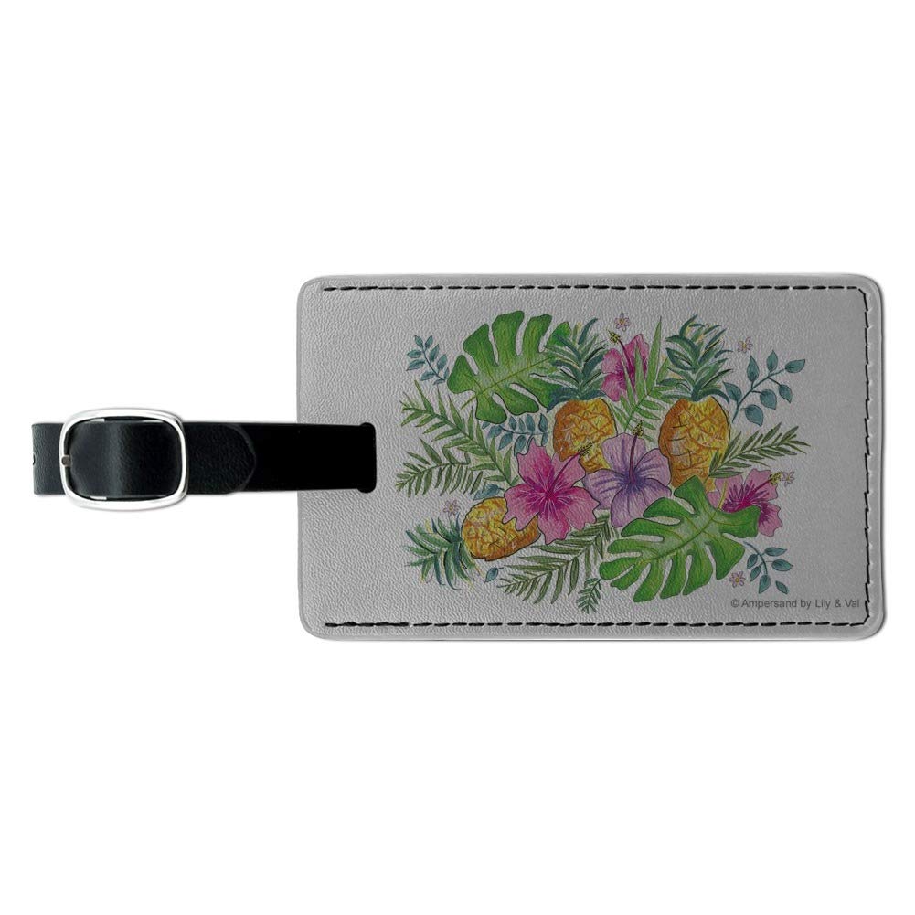 Stylish Rectangle Leather Luggage Tag with Tropical Hibiscus & Pineapple Design - Perfect for Travel ID Cards, Passport Holders & Suitcase Identification