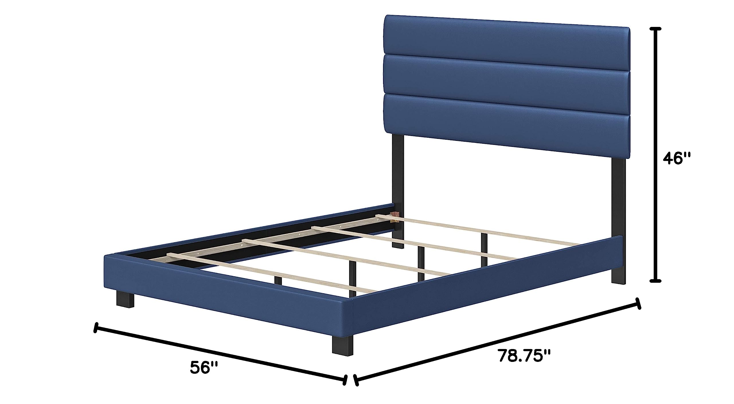 Boyd Sleep Montana Upholstered Platform Bed Frame with Tri-Panel Headboard - Full Size Mattress Foundation, Strong Wood Slat Supports, Faux Leather in Blue - Perfect for Modern Bedrooms, Guest Rooms & Small Spaces