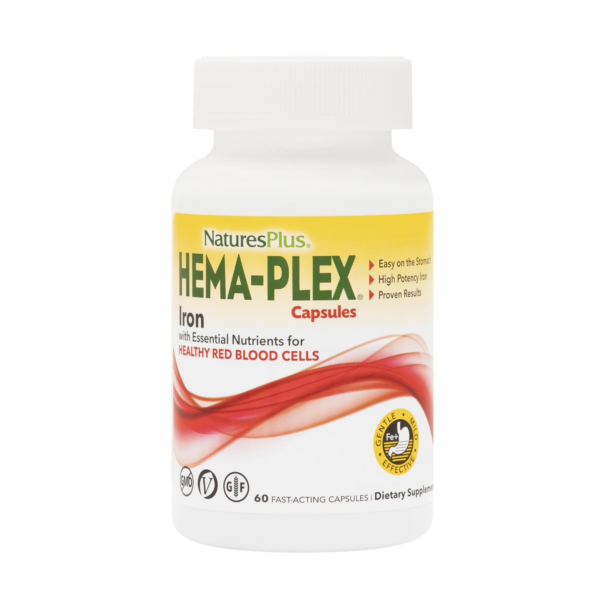 NaturesPlus Hema-Plex Iron Supplement - 60 Fast-Acting Capsules with 85mg Chelated Iron, Vitamin C & Bioflavonoids - Supports Healthy Red Blood Cells - Vegan, Gluten Free - 30 Servings - Ideal for Anemia Support & Energy Boost
