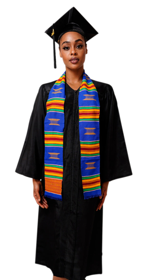 Hand Woven Blue and Gold Kente Cloth Graduation Stole - Authentic African Heritage Sash DP2169BLU for Graduation Ceremonies, Cultural Events & African Pride Celebrations