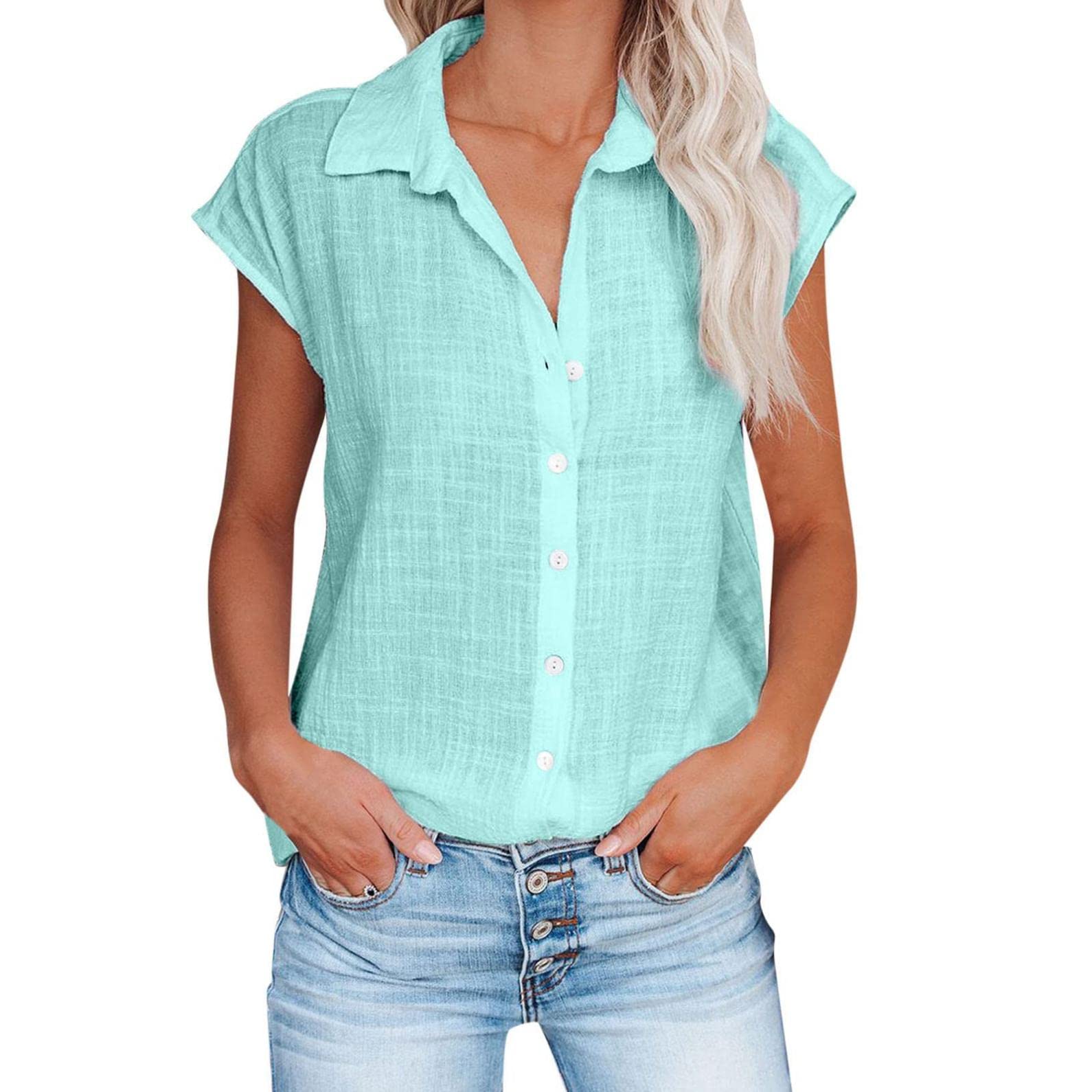 Women's Short Sleeve Button Down Shirt - Summer Casual Cotton Linen Blouse, Solid Color Loose Fit Lapel Tee Top for Work, Travel & Everyday Wear