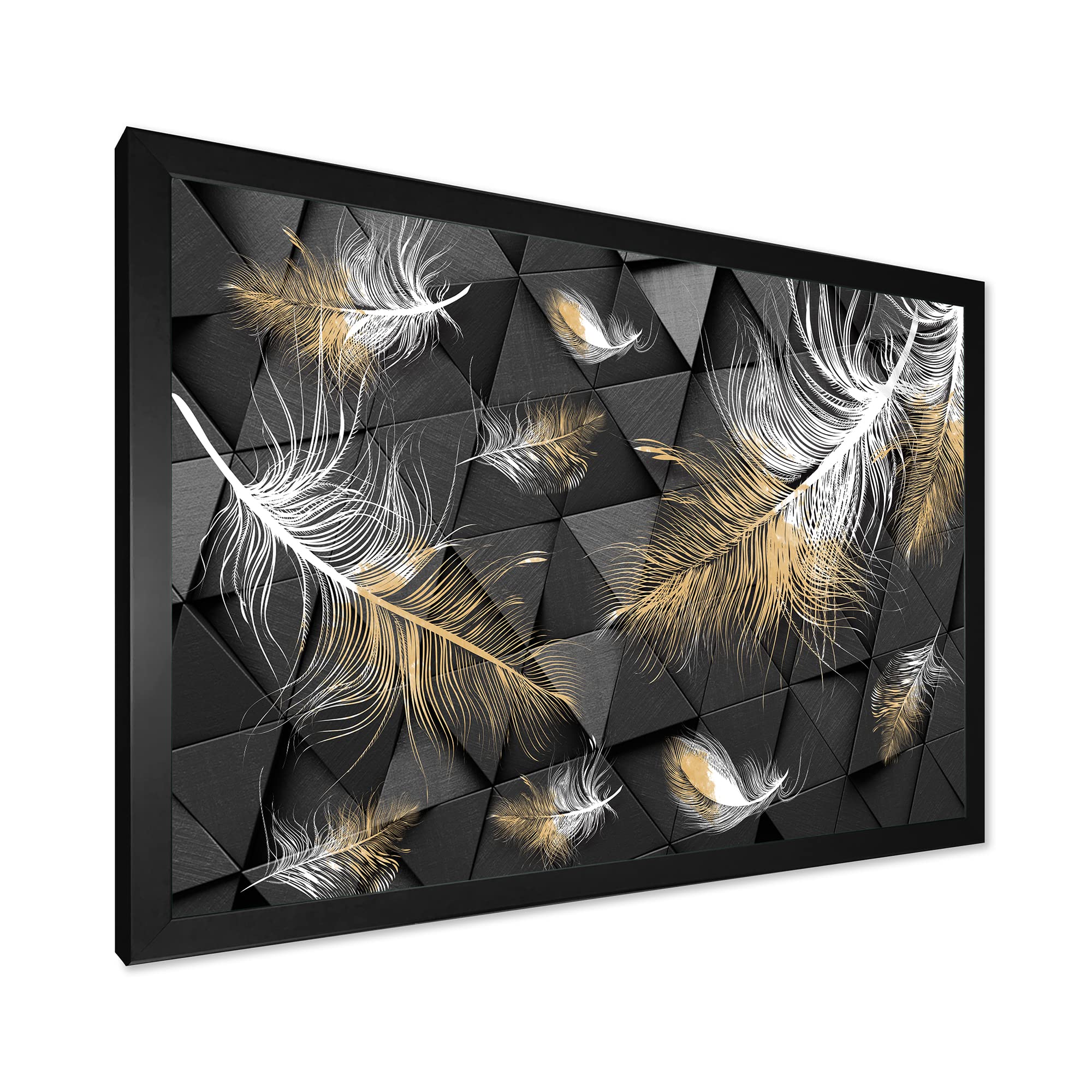 White and Gold Feathers Triangular Modern Framed Wall Art - Elegant Home Decor for Living Room, Bedroom & Office