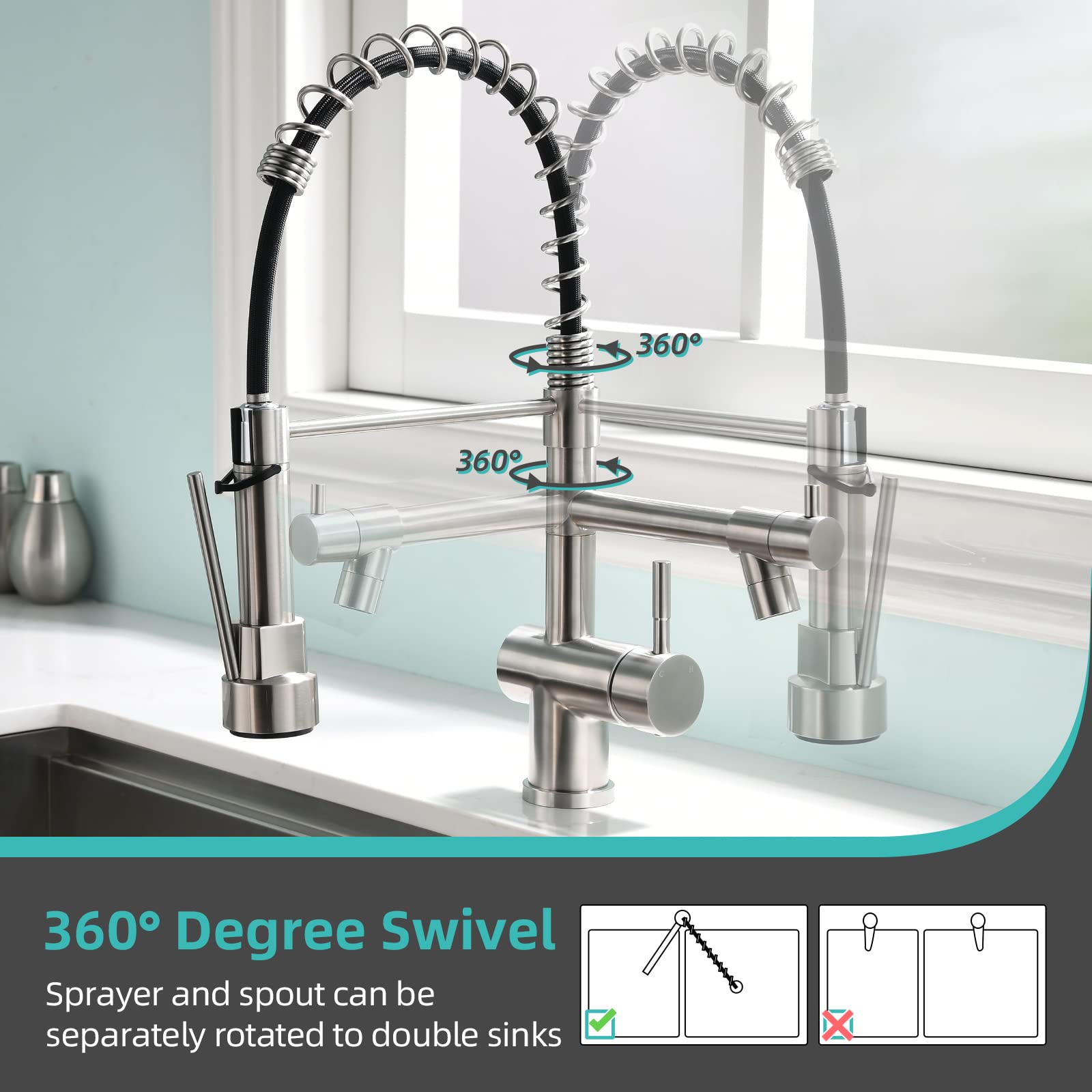 Commercial Kitchen Faucet with Pull Down Sprayer - Brushed Nickel High Arc Stainless Steel Sink Faucet, 1 or 3 Hole Installation, Spring Single Handle Design - Perfect for Restaurants, Bars & Home Kitchens