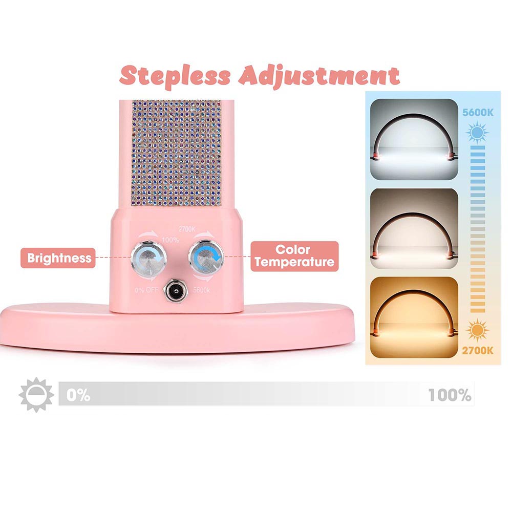 TheLAShop Professional LED Desk Lamp for Nail Tech & Lash Extensions - Adjustable Glitter Pink Light with 3 Brightness Levels - Perfect for Salon, Home Spa & Makeup Vanity