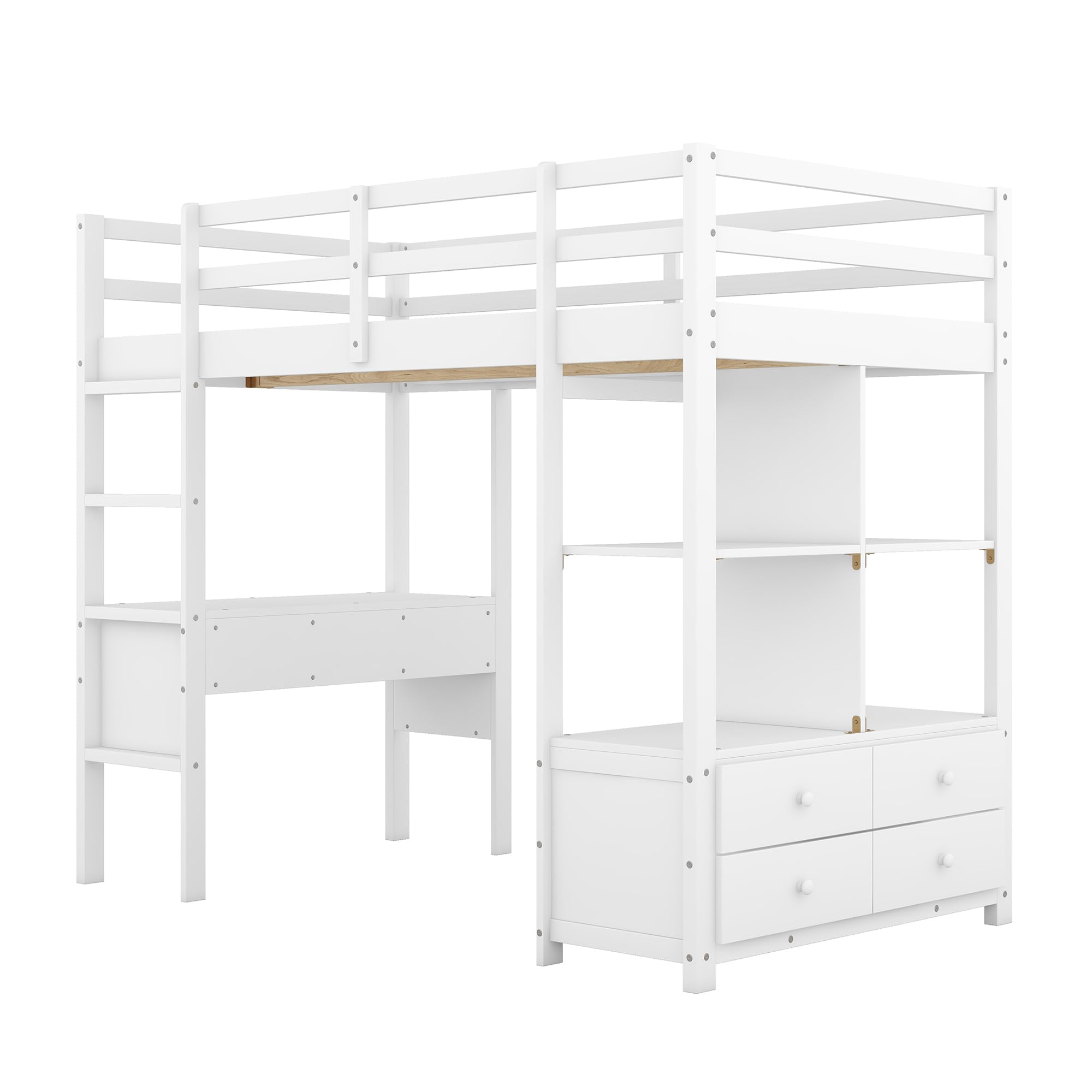 Harper & Bright Designs Solid Wood Twin Size Loft Bed with Desk, Bookshelf & Storage Drawers - Space-Saving Study & Sleep Solution for Kids, Teens & Adults - Perfect for Small Bedrooms, Dorms & Apartments (White)