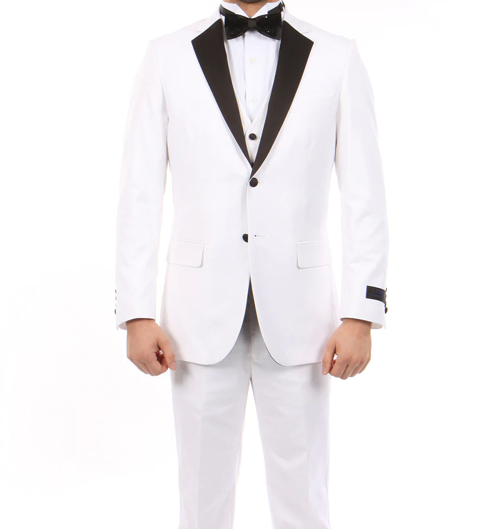 Solid White Modern Fit Tuxedo 3-Piece Suit with Black Lapel & 6-Button Vest | Formal Wedding, Prom, Black Tie Event Attire