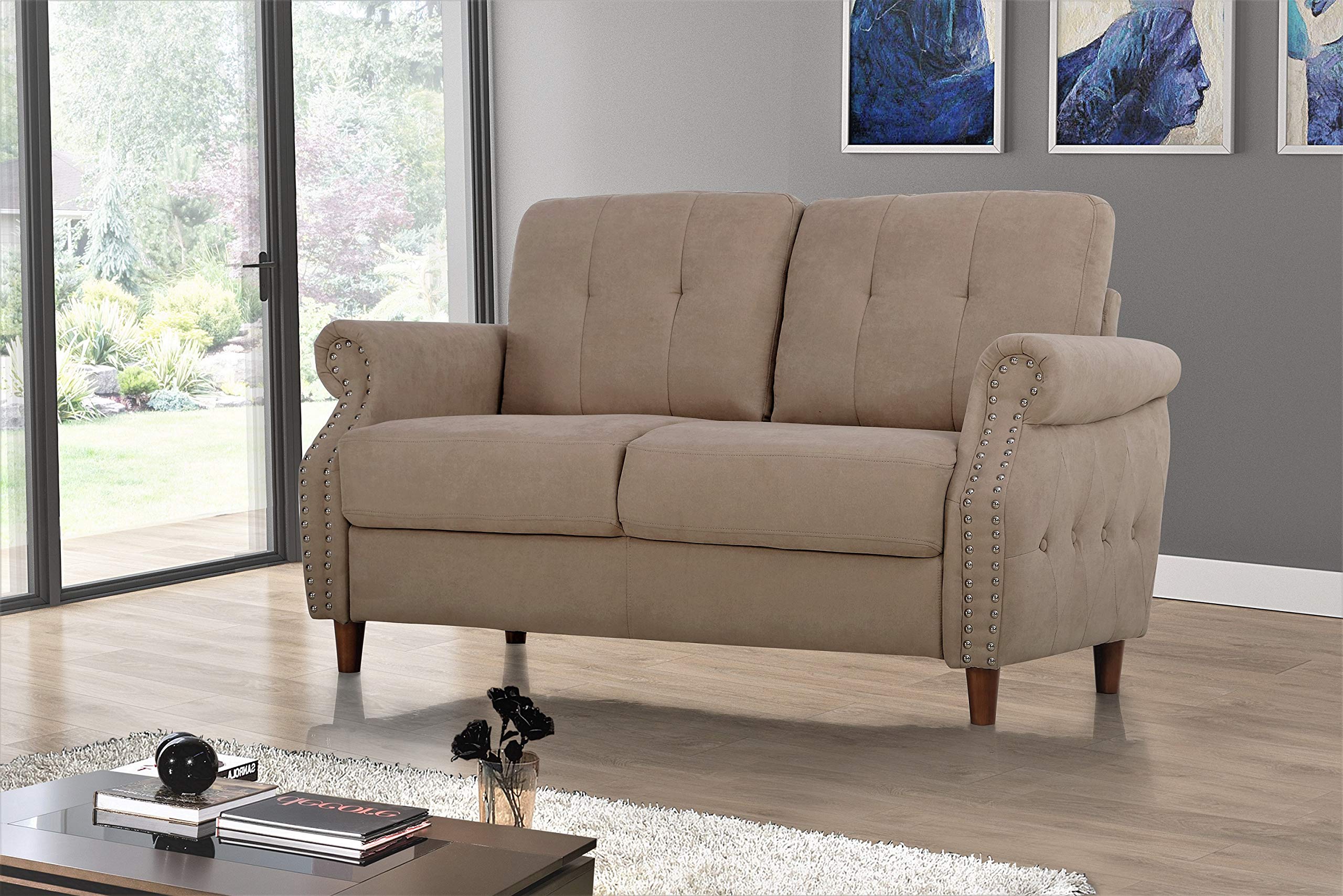 Briscoe Ultra Modern Upholstered Button Tufted Loveseat with Rolled Arms - Coffee Brown Sofa for Living Room | Perfect for Small Spaces, Apartments & Cozy Home Decor