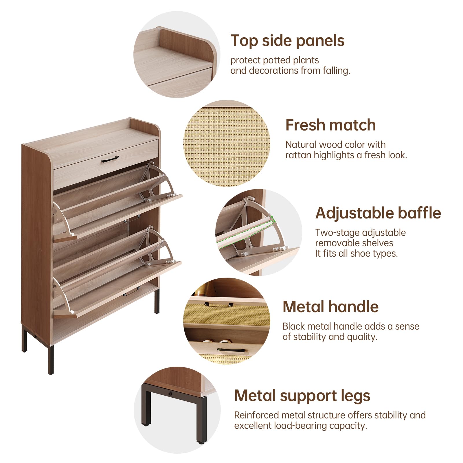 Slim Rattan Shoe Cabinet with 3 Drawers - Freestanding Entryway Organizer for Hallway & Bedroom