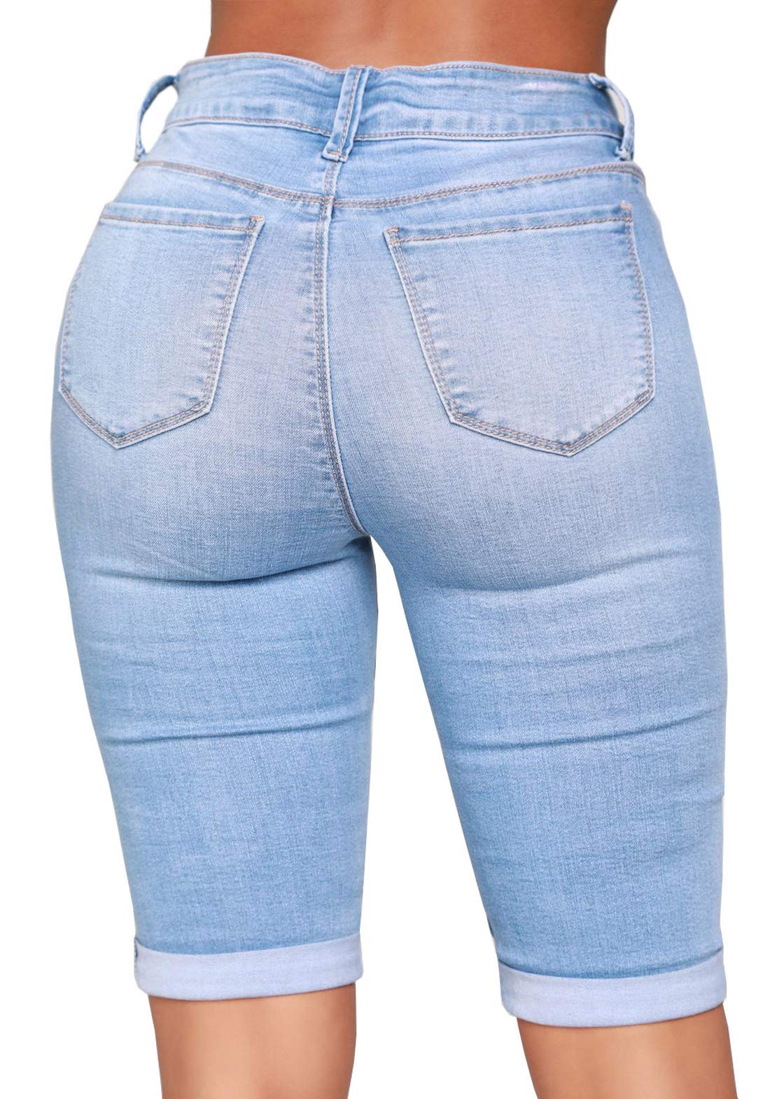 Women's High Waist Butt-Lifting Denim Bermuda Shorts - Stretchy Moto Style with Wrinkle Cuffed Hem | Perfect for Casual Wear, Summer Outfits & Street Fashion