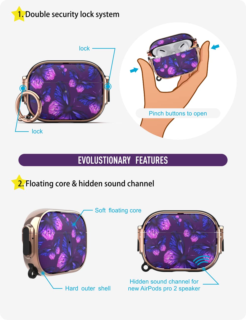 AirPods Pro 2 Case with Lock - Purple Butterfly for Women & Men | Travel Protection