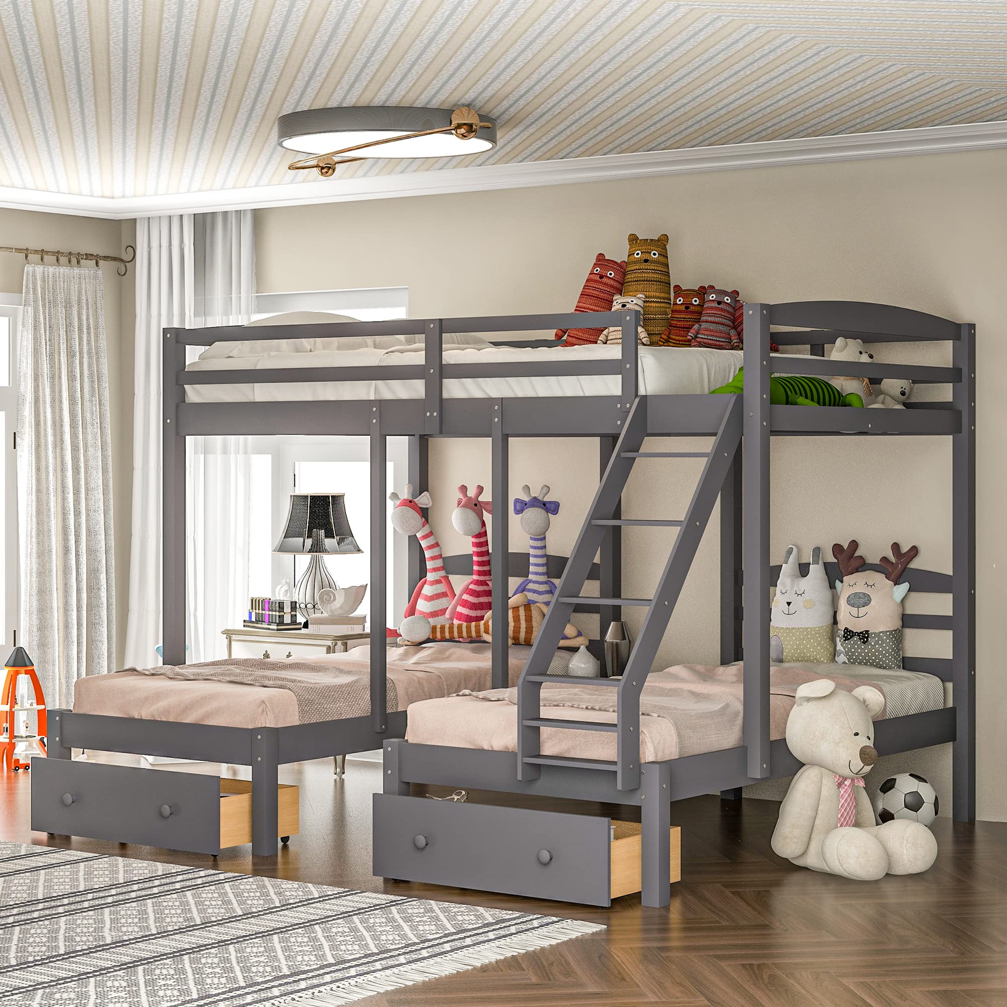 P PURLOVE Full Over Twin and Twin Wood Triple Bunk Bed Frame with Storage Drawers, No Box Spring Needed - Space-Saving Kids Bedroom Furniture for Shared Rooms & Sleepovers (Gray)