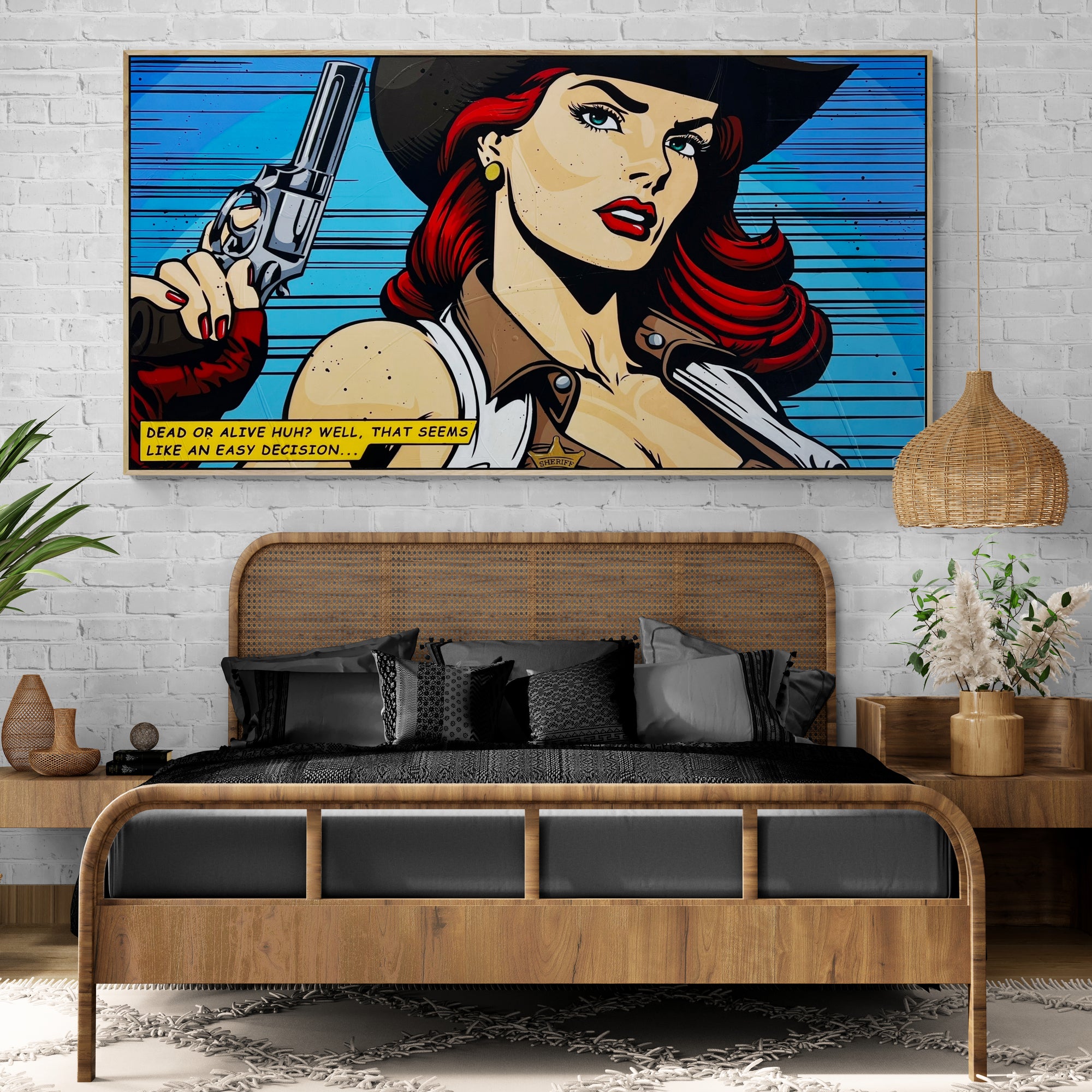 Vintage Cowgirls and Guns 190x100cm Classic Pop Art Canvas Painting - Western Wall Decor for Living Room, Bar & Man Cave