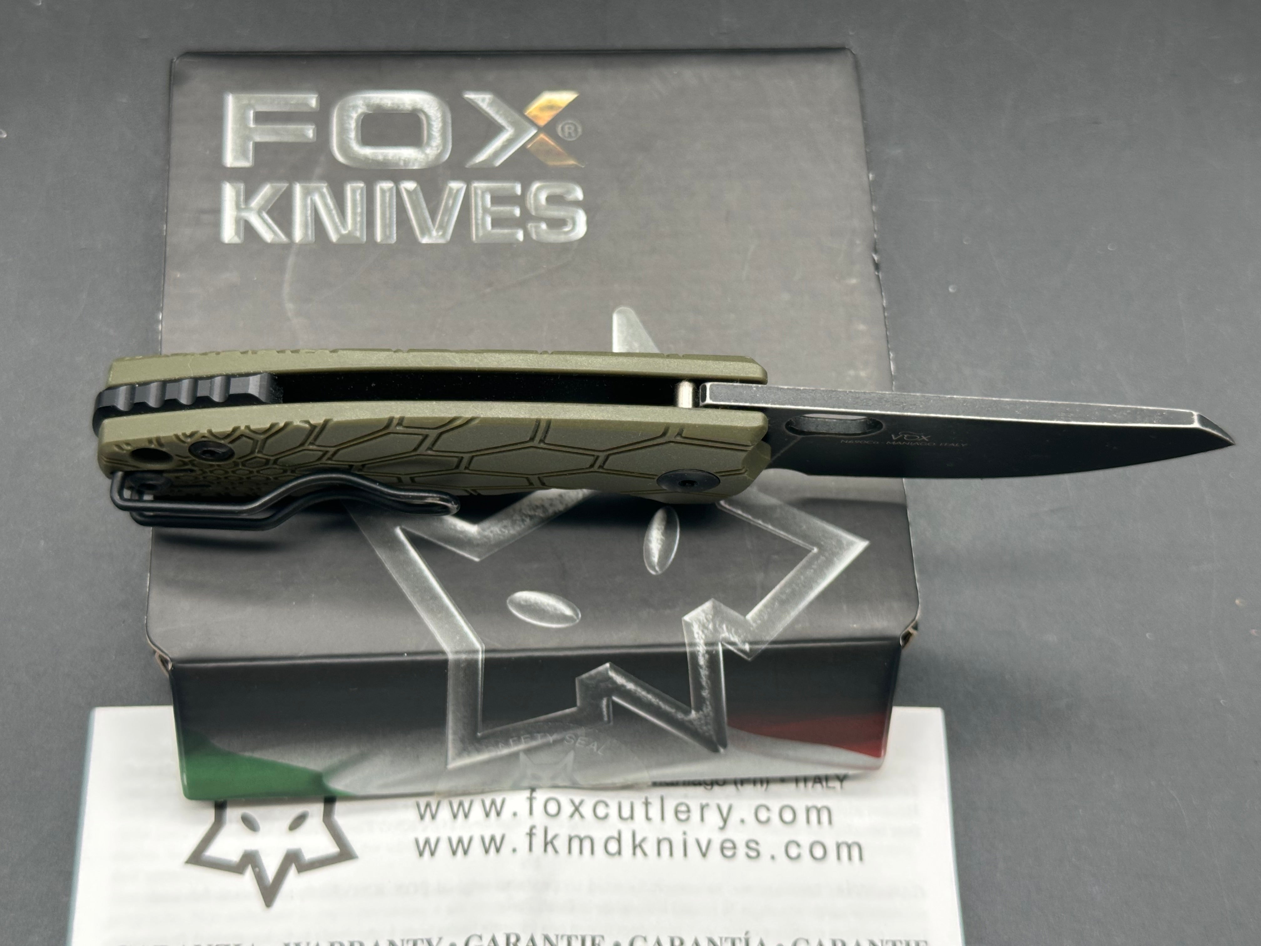 Fox Knives Baby Core Mini Liner Lock Pocket Knife - Green FRN Handle, EDC Folding Knife for Camping, Hiking & Outdoor Activities