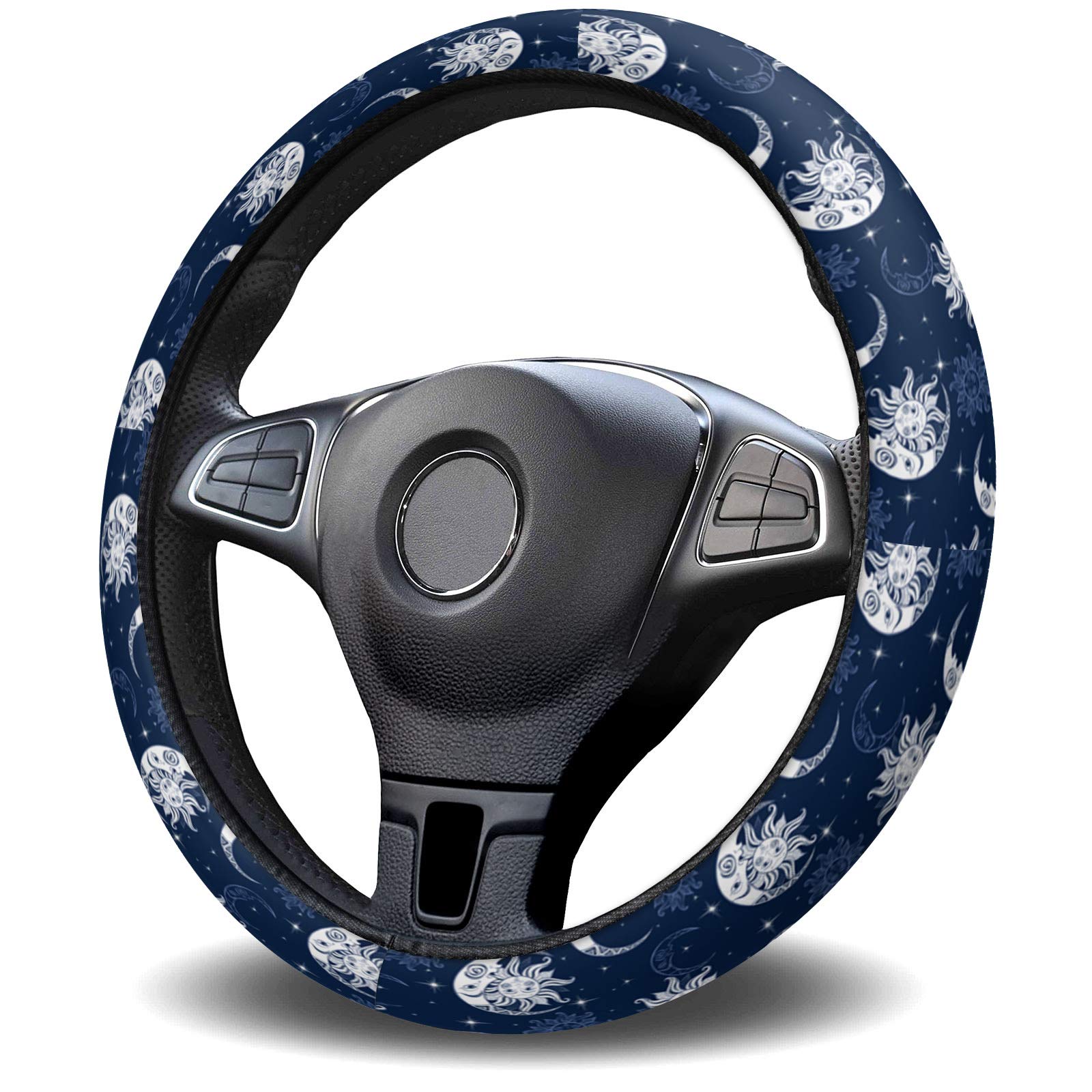 Universal 15-inch Sun Moon Mandala Steering Wheel Cover for Women & Men - Non-Slip, Washable Car Steering Wheel Protector for Truck, SUV, Sedan - Perfect for Hippie Style, Long Drives & Hot Weather Protection