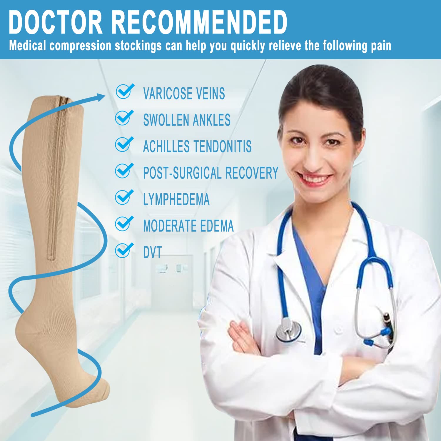2 Pairs Medical Zipper Compression Socks 15-20mmHg for Women & Men - Knee High Support Stockings for Circulation, Swelling Relief - Perfect for Travel, Nursing & Post-Surgery Recovery
