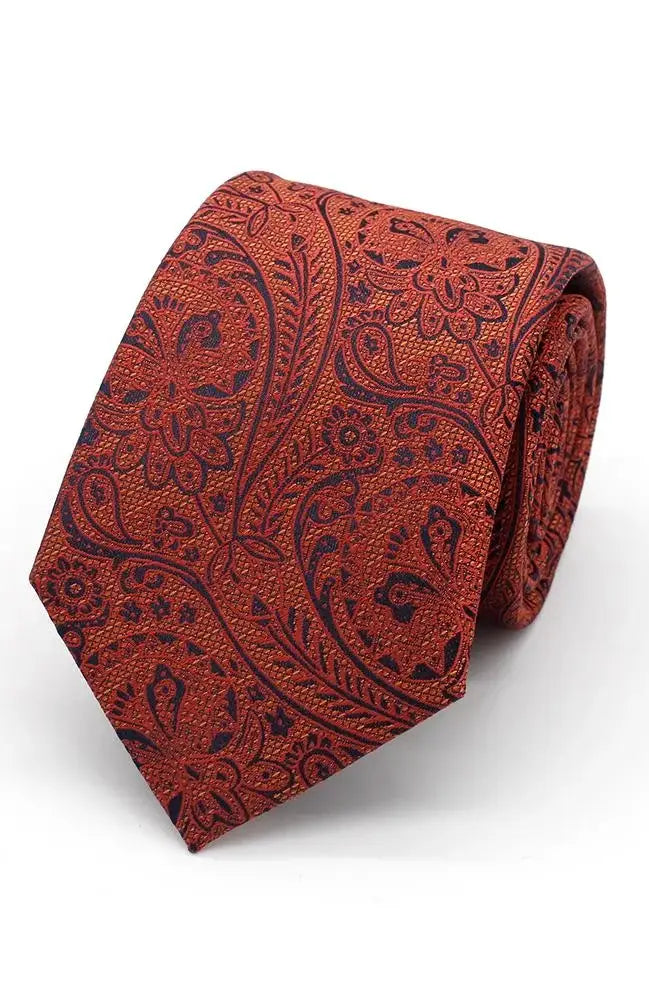LA Smith Burnt Orange Floral Silk Tie for Men - Elegant Structured Necktie for Weddings, Business & Formal Occasions