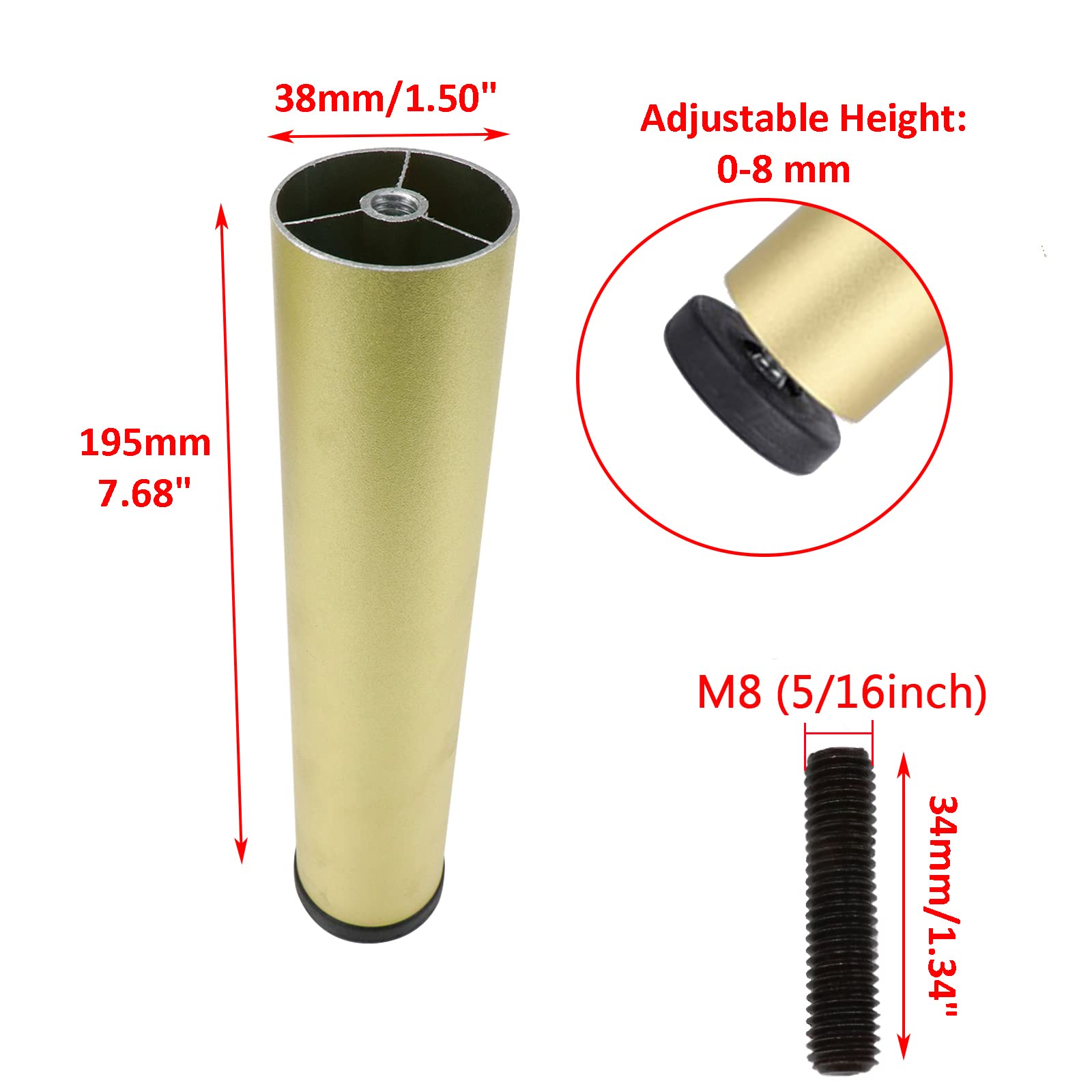 4Pcs 7.7 Inch Gold Metal Adjustable Furniture Legs - Replacement Couch Legs for Cabinet, Bed, Sofa, Cupboard & Desk - Perfect for Home Office & Living Room Furniture Upgrade