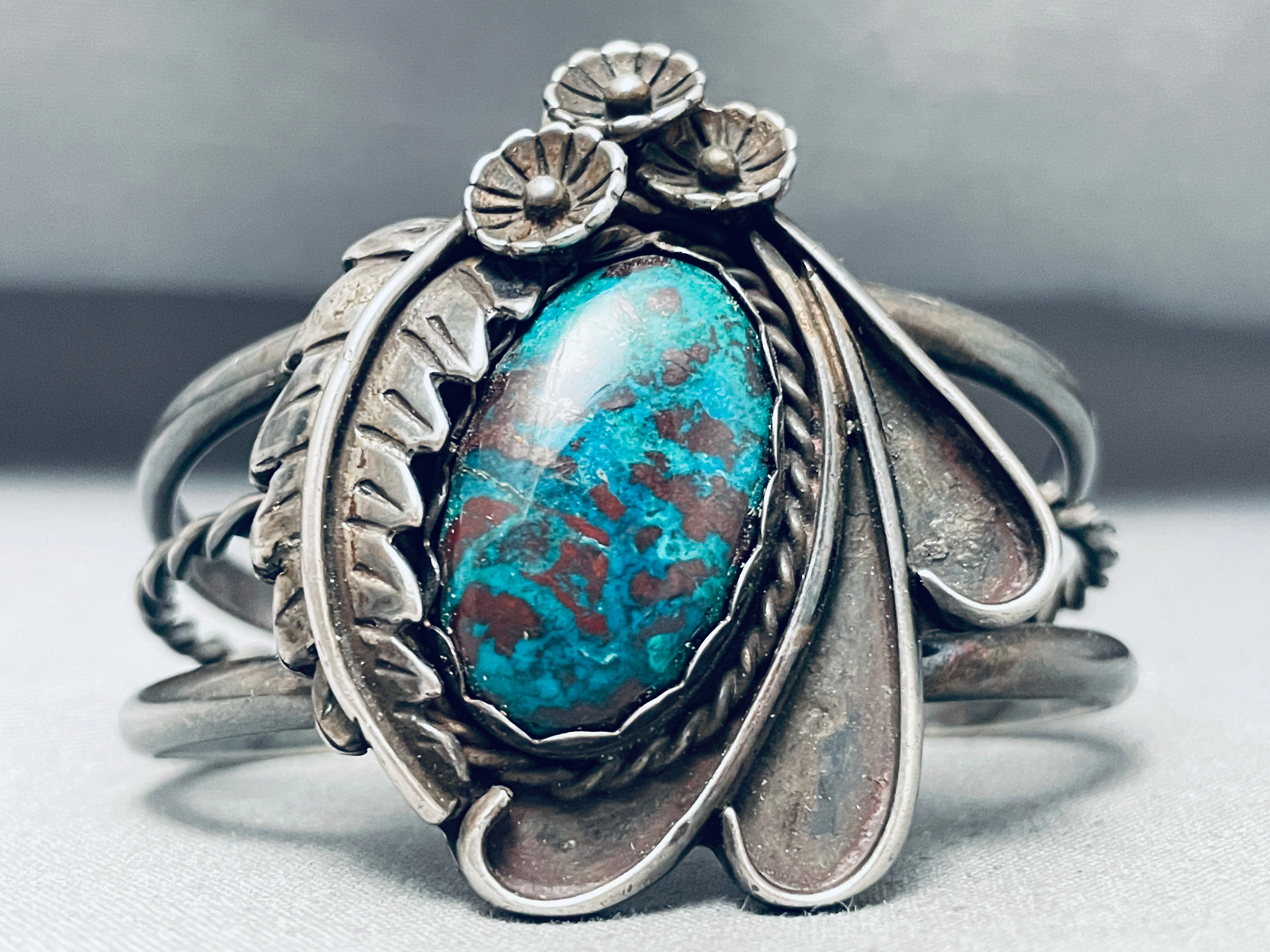 1977 Vintage Native American Navajo Chrysocholla Sterling Silver Bracelet - Handmade Turquoise Jewelry for Women, Boho Southwest Style, Perfect for Festivals & Special Occasions