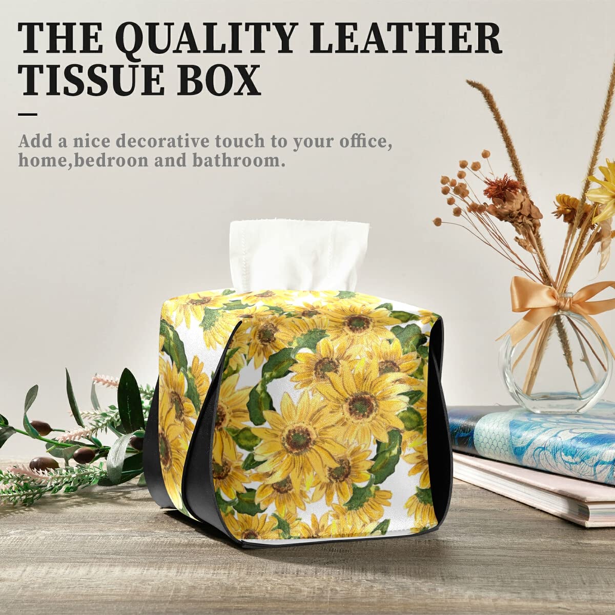 Premium PU Leather Sunflower Tissue Box Cover - Rectangle Hanging Tissue Dispenser for Countertops, Nightstands & Bathrooms | Home & Office Decor