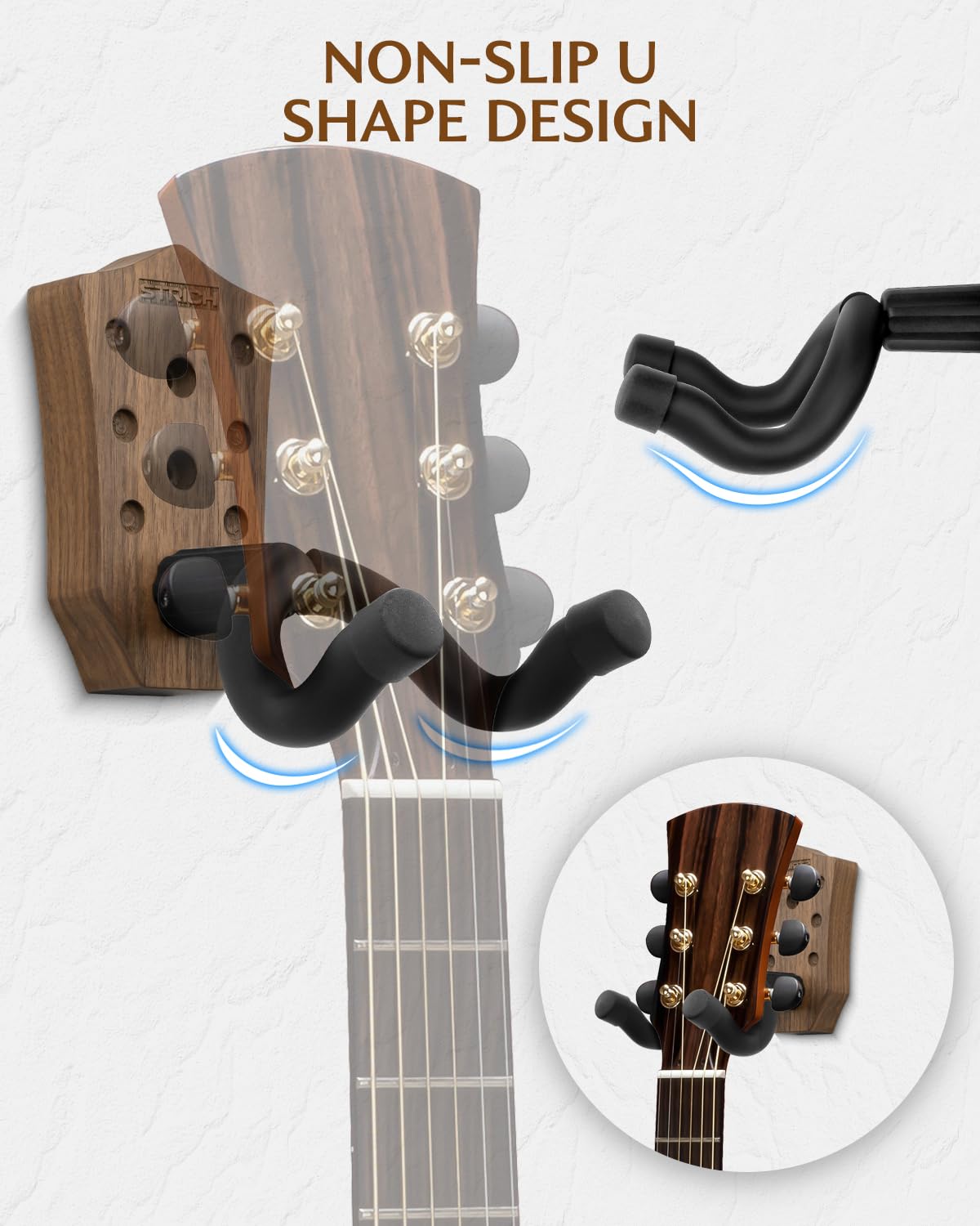 Premium STRICH Guitar Wall Mount - Walnut Base U-Shaped Hanger with Screws for Acoustic/Electric/Classical Guitars, Bass & Banjo (1-Pack) - Space-Saving Instrument Storage for Home Studios & Music Rooms