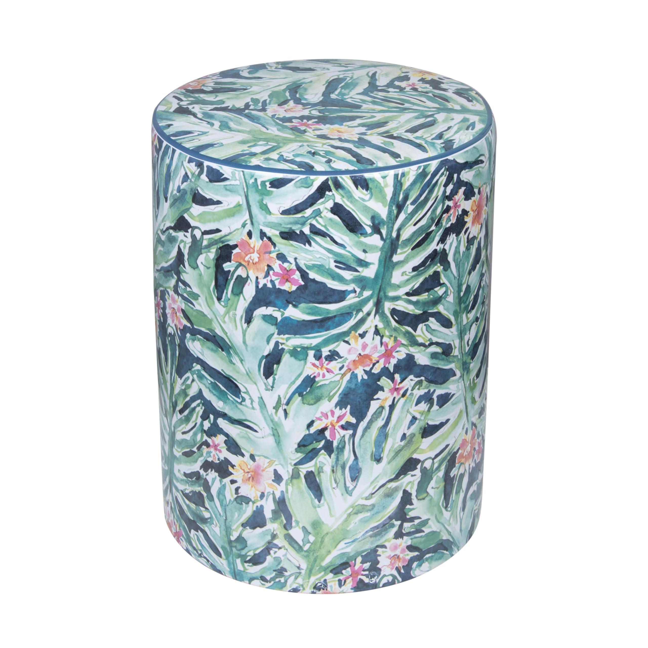 Tov Furniture Taurus Ceramic Stool with Garden Print - Decorative Outdoor & Indoor Accent Stool for Patio, Garden, Living Room, or Entryway