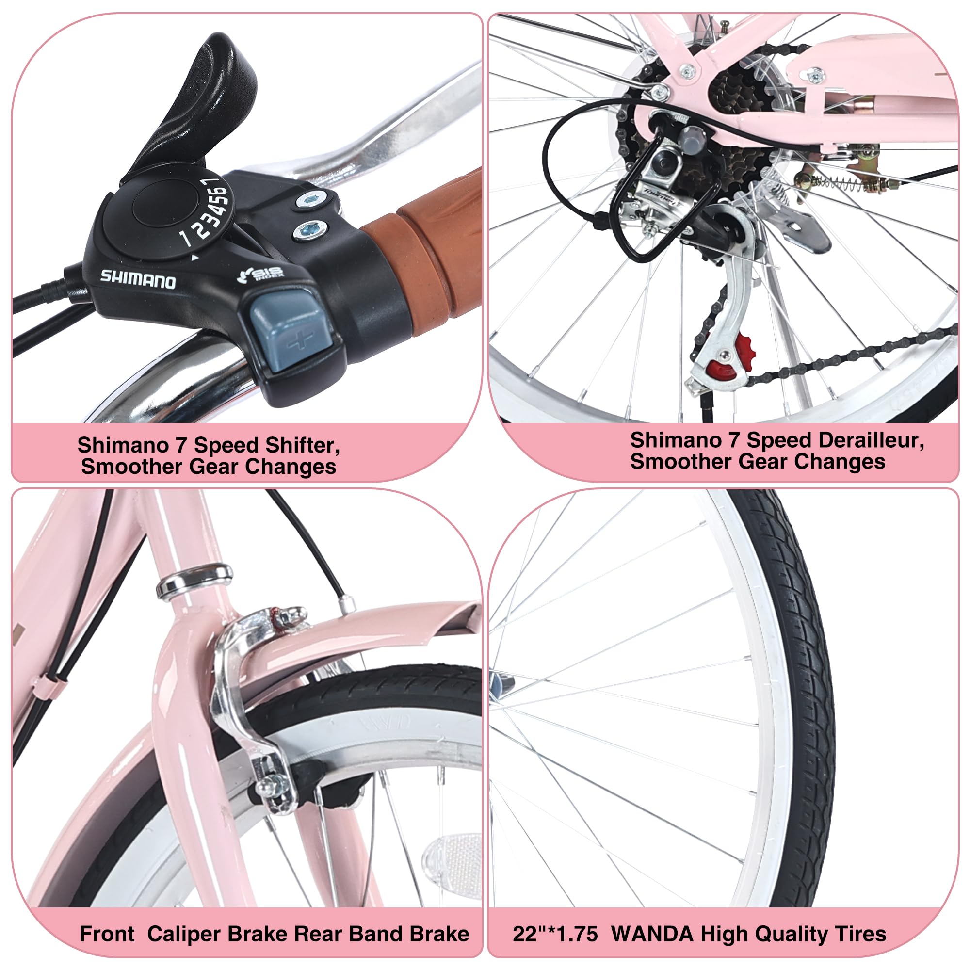 22/26 Inch Women's Beach Cruiser Bike - 7-Speed Hybrid Commuter Bicycle for Women & Men, Perfect for City Riding & Leisure - Available in 4 Colors