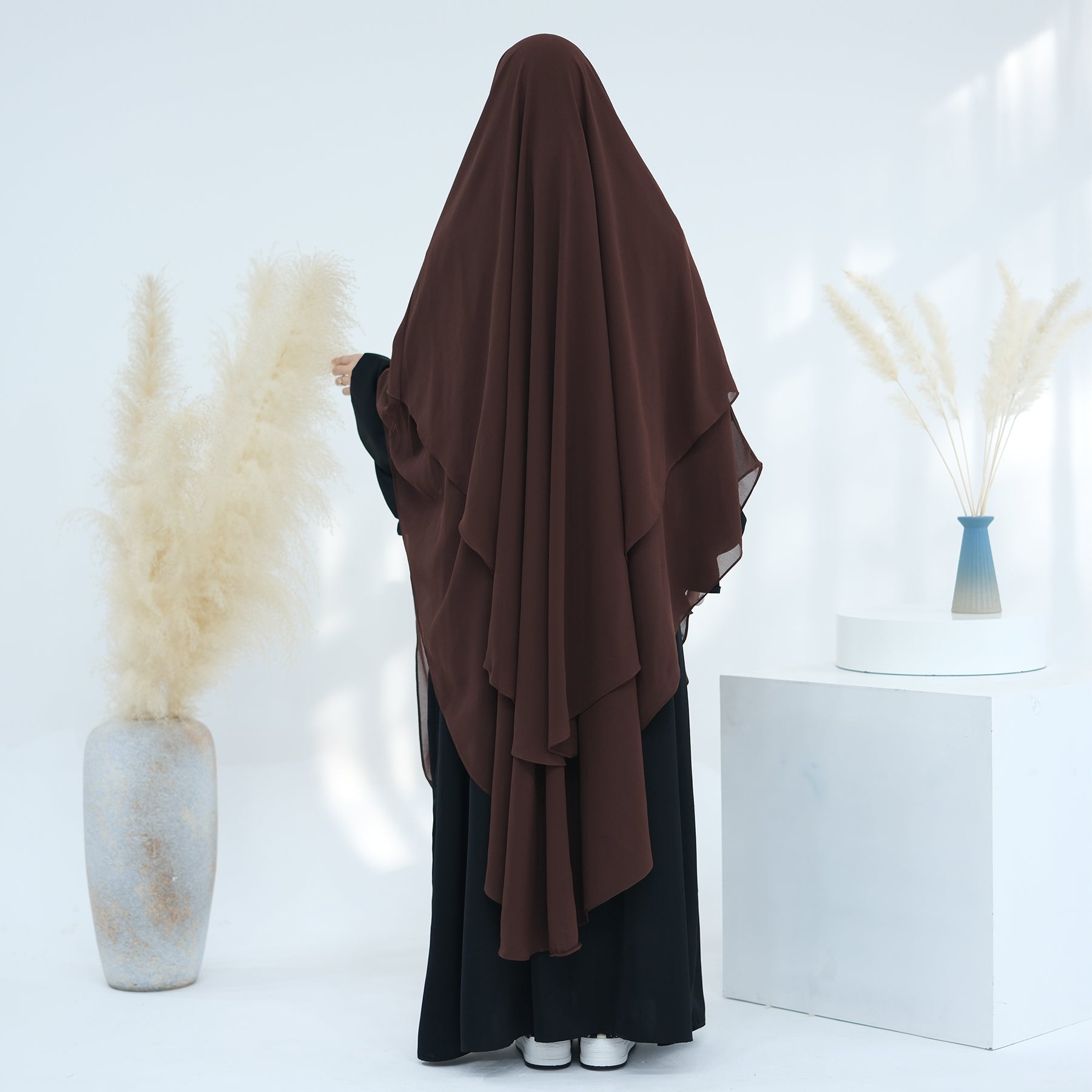2 Layer Maxi Chiffon Khimar Scarf - Elegant Coffee Color Muslim Prayer Hijab for Women, Perfect for Daily Wear, Prayer, and Special Occasions