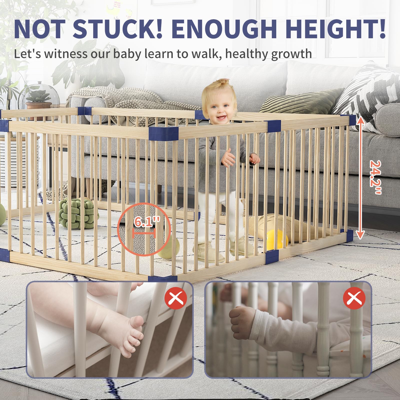 Extra Large Wooden Baby Playpen with Safety Gate - 78.7