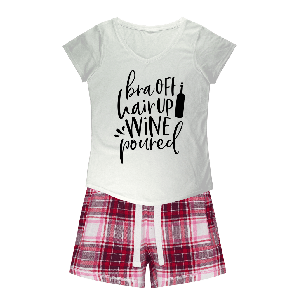 WineyBitches.Co Women's Funny Sleepy Tee & Flannel Shorts Set - 'Bra Off Hair Up Wine Poured' Slogan Graphic - Comfy Lounge & Sleepwear for Wine Lovers
