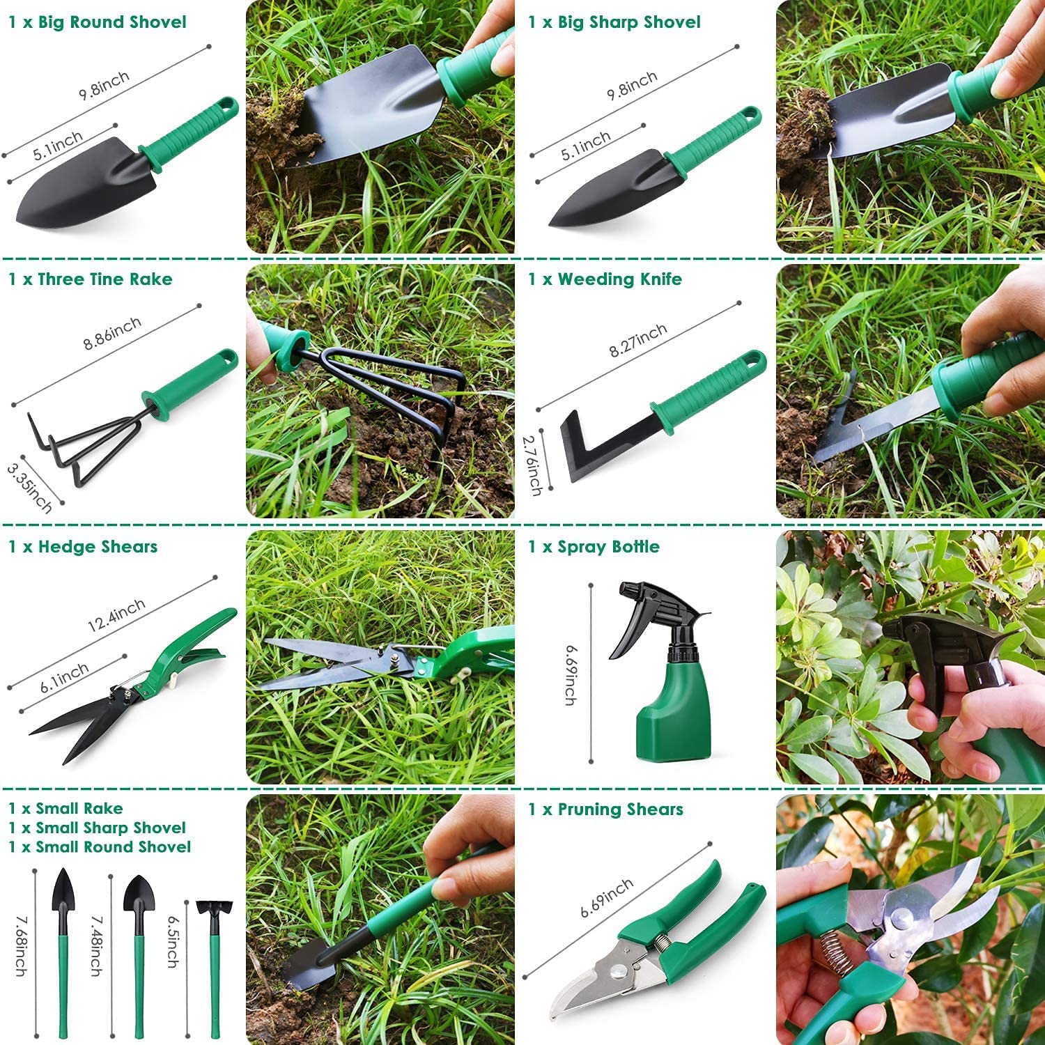 10-Piece Garden Tool Set with Carrying Case - Ergonomic Hand Tools Including Trowel, Rake, Weeder, Pruner, Shears & Sprayer - Perfect Gardening Gifts for Women & Men (Green) - Ideal for Home Gardening, Landscaping & Outdoor Planting Projects
