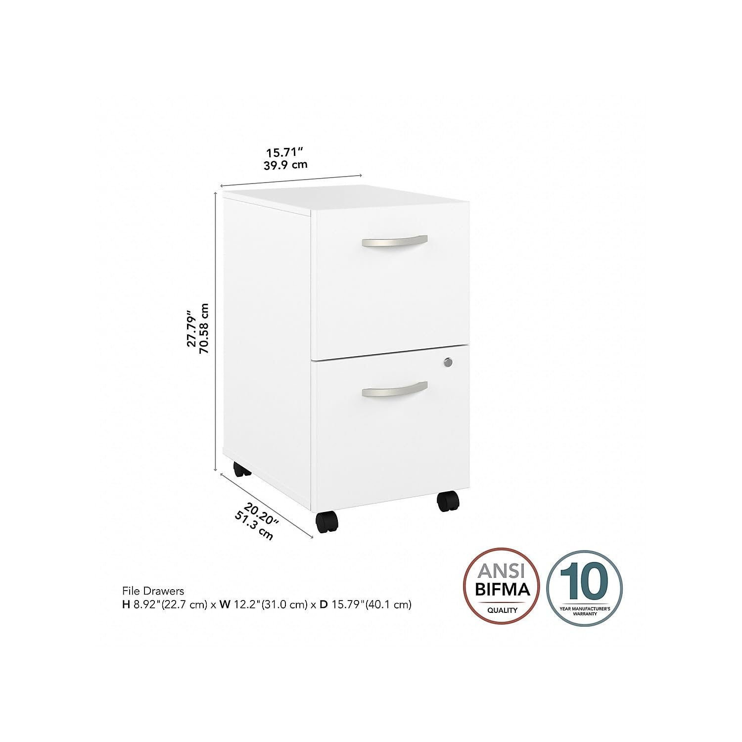 Bush Business Furniture Hybrid 2-Drawer Mobile File Cabinet - White, Assembled for Office Storage & Organization | Perfect for Home Office, Corporate Workspace & Document Filing