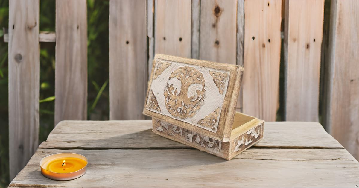 Handmade Wooden Jewelry Box with Tree of Life Carving - Jewelry Organizer, Keepsake Box, Treasure Chest & Watch Storage - Perfect Birthday, Housewarming Gift for Women - Ideal for Home Decor, Jewelry Display & Gift Giving
