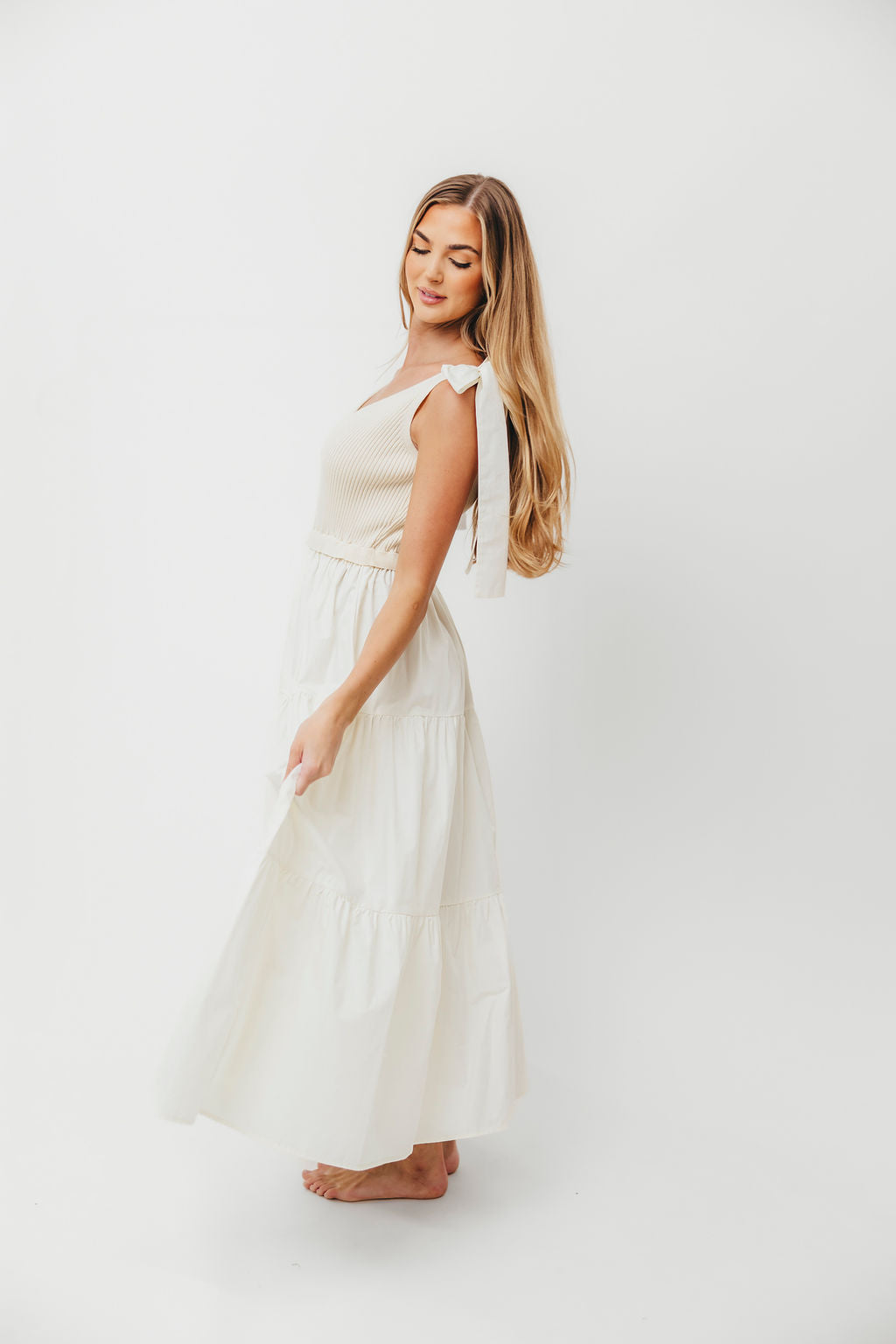 Gretchen 100% Cotton Knitted Sleeveless Tiered Maxi Dress in Cream | Summer Beach Wedding Dress, Boho Chic Maternity Dress, Casual Sundress for Women
