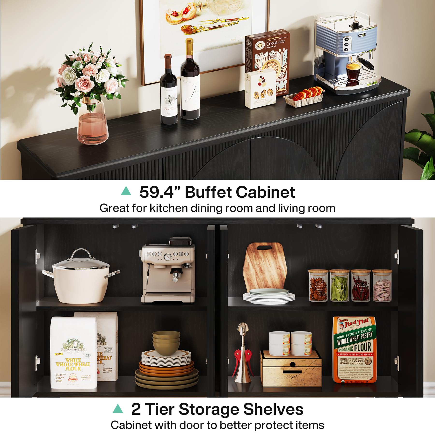 Tribesigns Modern Buffet Cabinet with Storage - Sideboard with Doors for Living Room, Kitchen & Dining Room - Black | Perfect for Home Organization & Entertaining