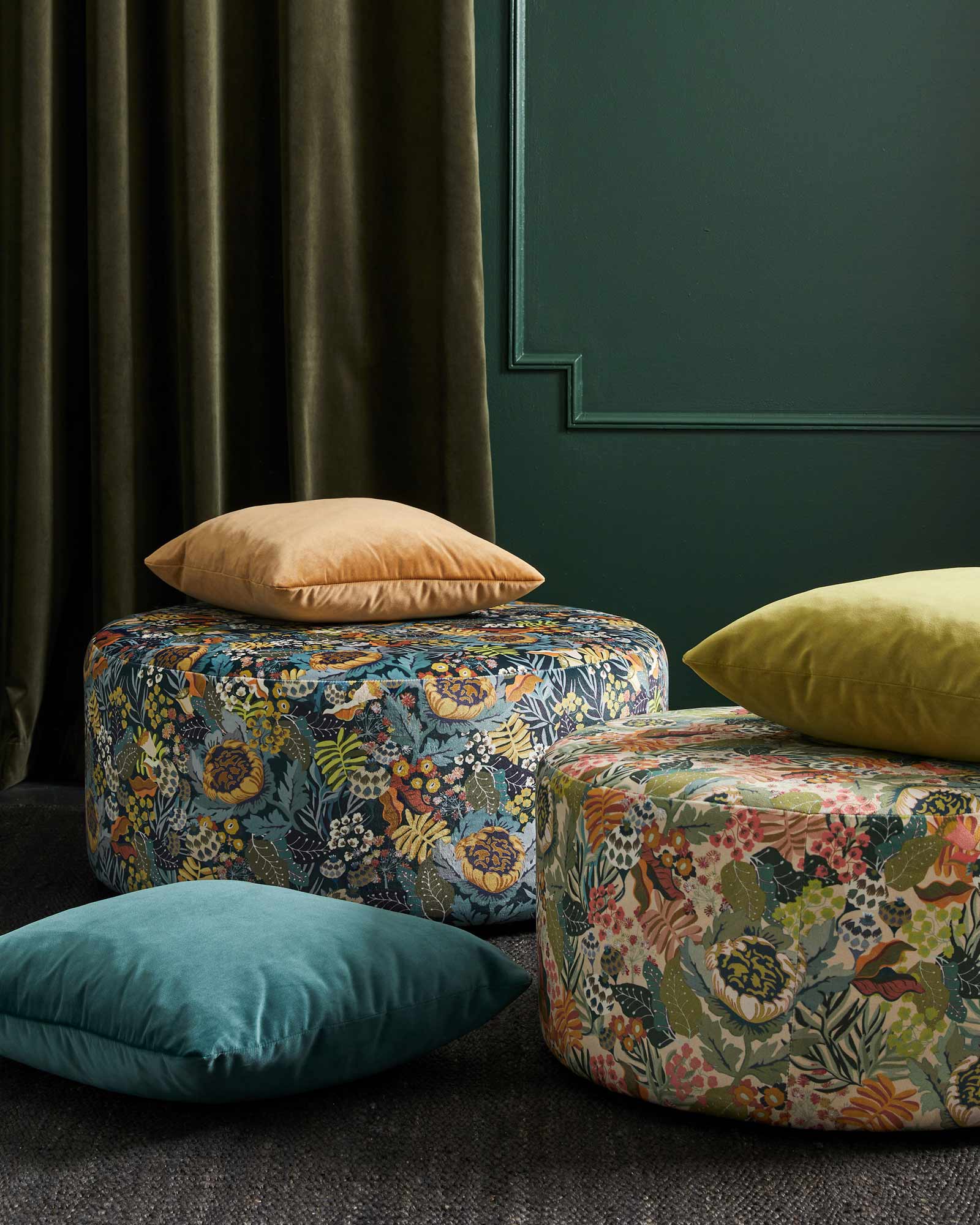 Picton Floral Velvet Ottoman Round Drum Stool 28x28x15 Inches - Luxurious Velvet Footrest, Accent Chair for Living Room, Bedroom & Home Decor