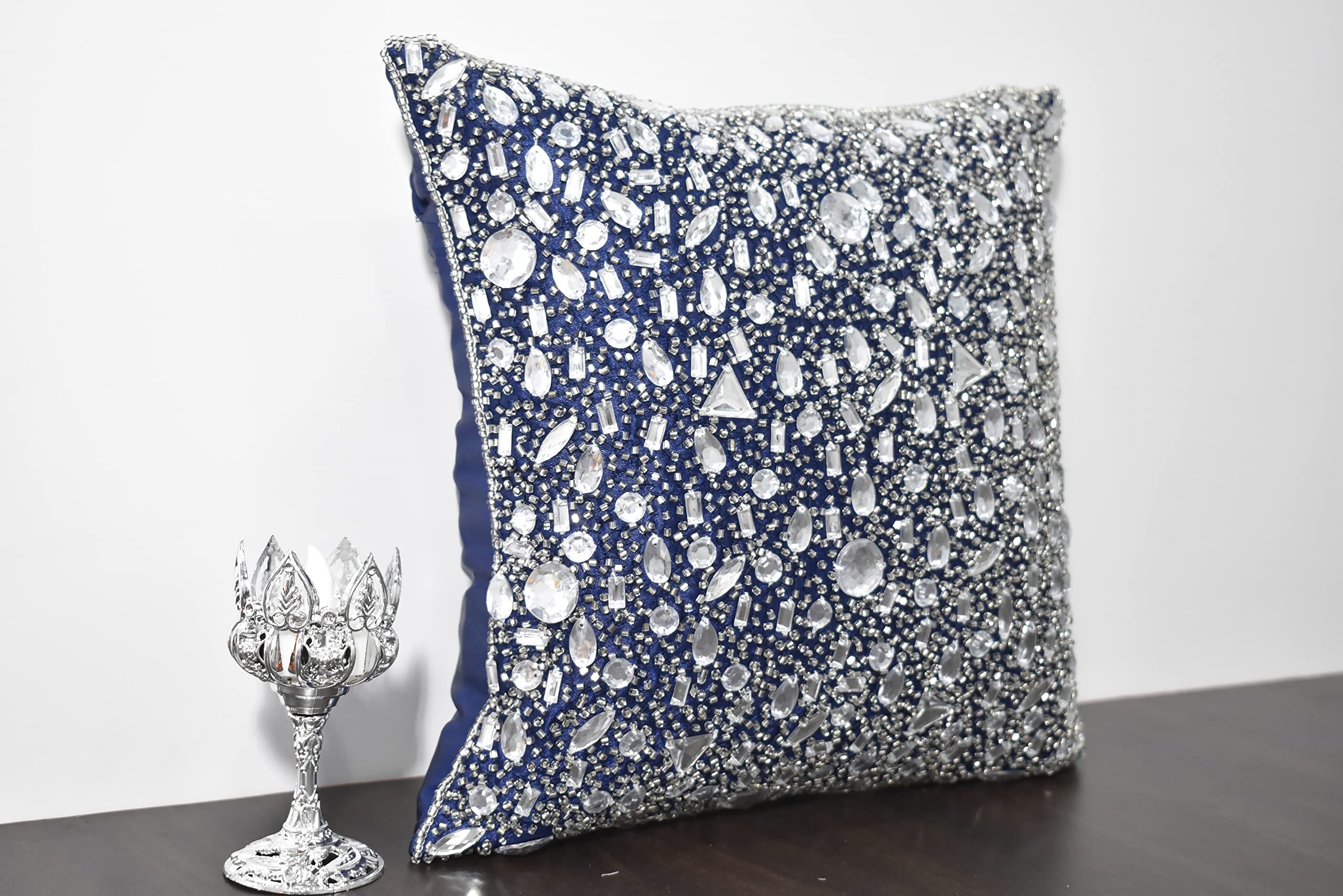 Luxury Navy Blue Silver Beaded Throw Pillow Cover - Handmade Embroidered Decorative Pillow for Sofa, Bed, Couch - Modern Contemporary Embellished Custom Design (26x26 Inches) - Perfect for Living Room, Bedroom Decor